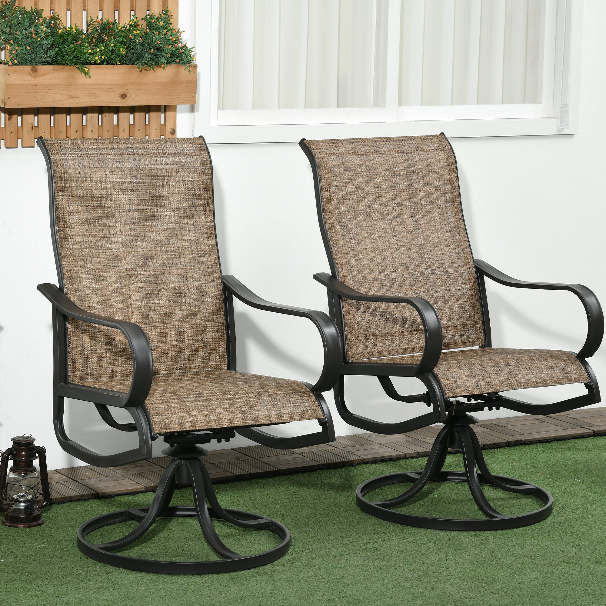 Outsunny 2-Piece Patio Swivel Chairs, 360° Swivel Rocking Chairs with Curved Armrests, S Shape Backrest, Breathable Mesh Seat & Backrest for Yard, Lawn, Porch, Garden, Brown