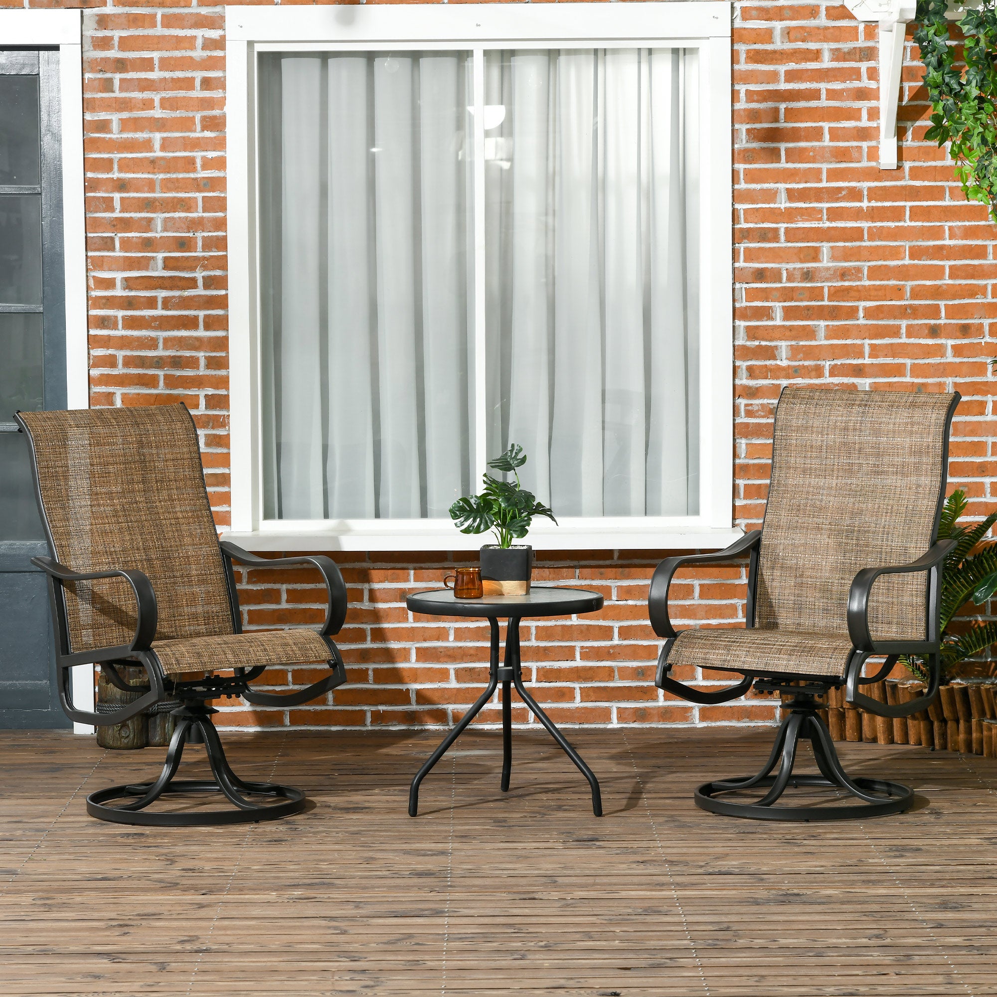 Outsunny 2-Piece Patio Swivel Chairs, 360° Swivel Rocking Chairs with Curved Armrests, S Shape Backrest, Breathable Mesh Seat & Backrest for Yard, Lawn, Porch, Garden, Brown