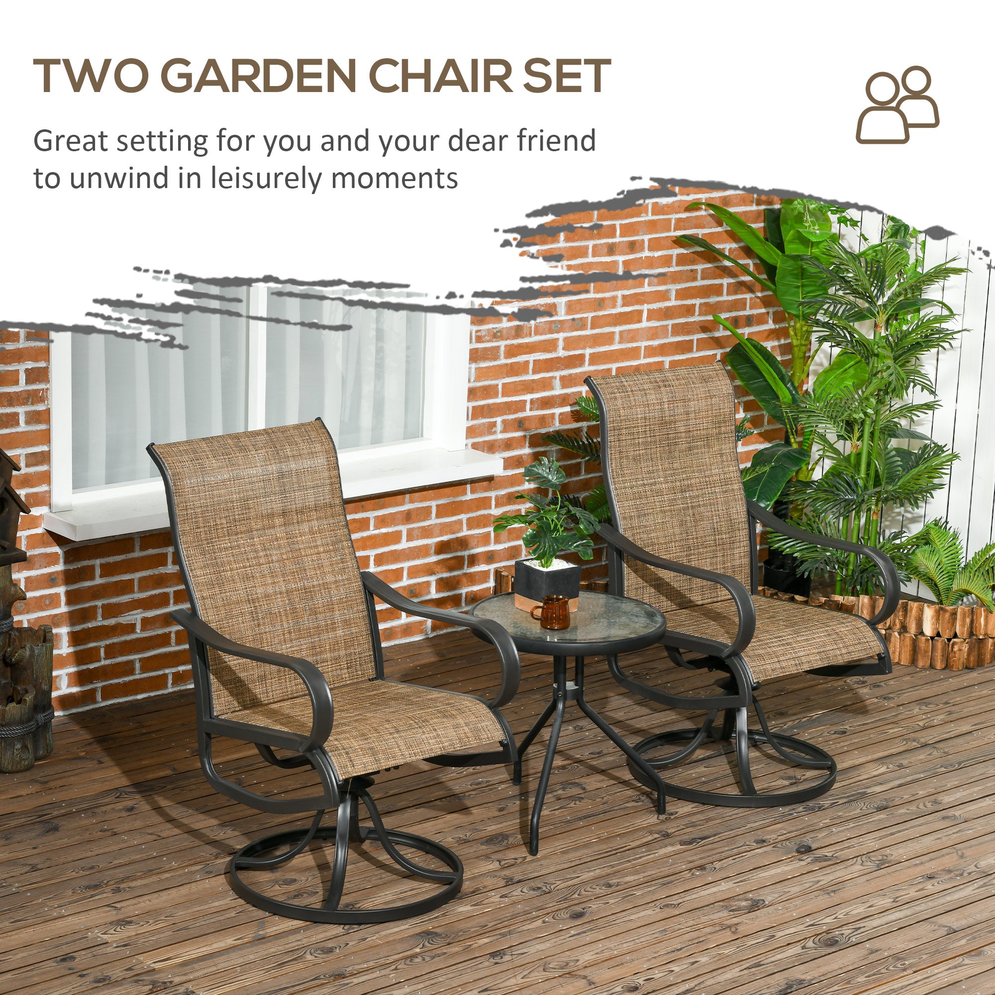 Outsunny 2-Piece Patio Swivel Chairs, 360° Swivel Rocking Chairs with Curved Armrests, S Shape Backrest, Breathable Mesh Seat & Backrest for Yard, Lawn, Porch, Garden, Brown
