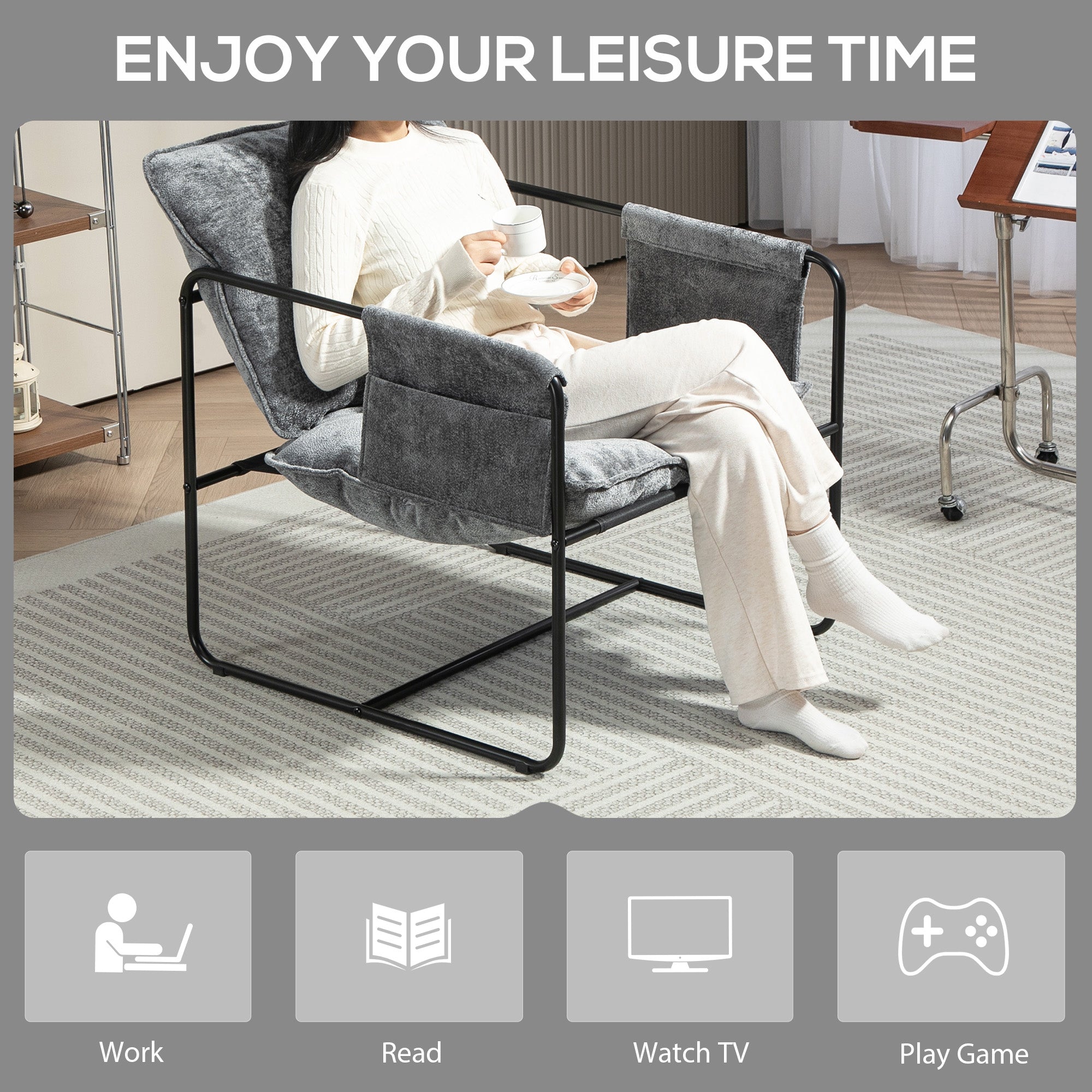HOMCOM Modern Accent Chair, Upholstered Chenille Armchair with Side Pockets and Solid Steel Frame, Comfy Reading Chair for Bedroom, Living Room, Grey