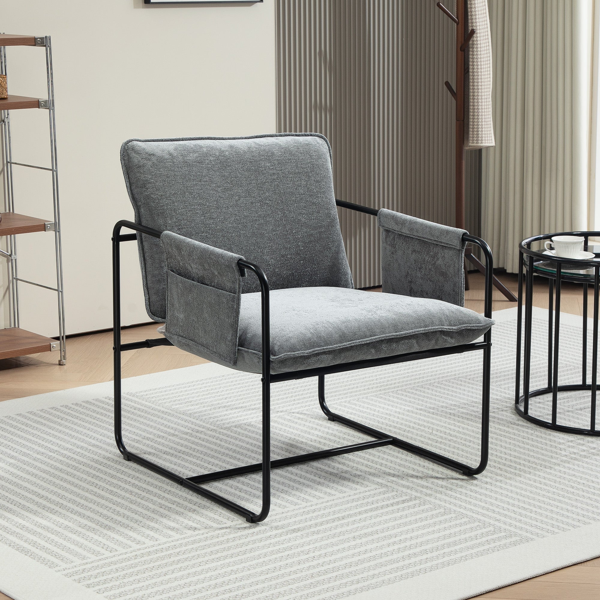 HOMCOM Modern Accent Chair, Upholstered Chenille Armchair with Side Pockets and Solid Steel Frame, Comfy Reading Chair for Bedroom, Living Room, Grey