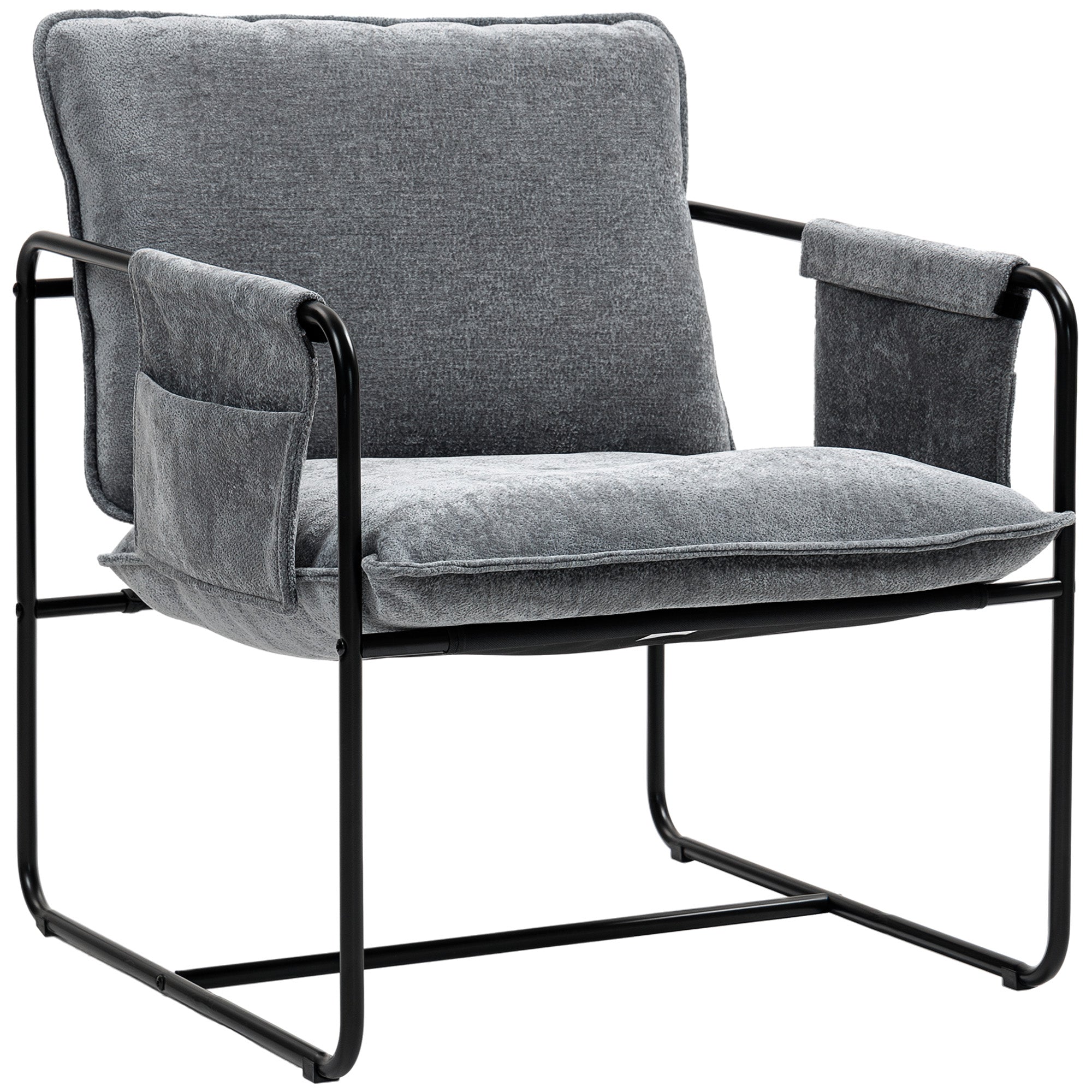 HOMCOM Modern Accent Chair, Upholstered Chenille Armchair with Side Pockets and Solid Steel Frame, Comfy Reading Chair for Bedroom, Living Room, Grey