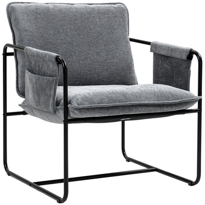 HOMCOM Modern Accent Chair, Upholstered Chenille Armchair with Side Pockets and Solid Steel Frame, Comfy Reading Chair for Bedroom, Living Room, Grey