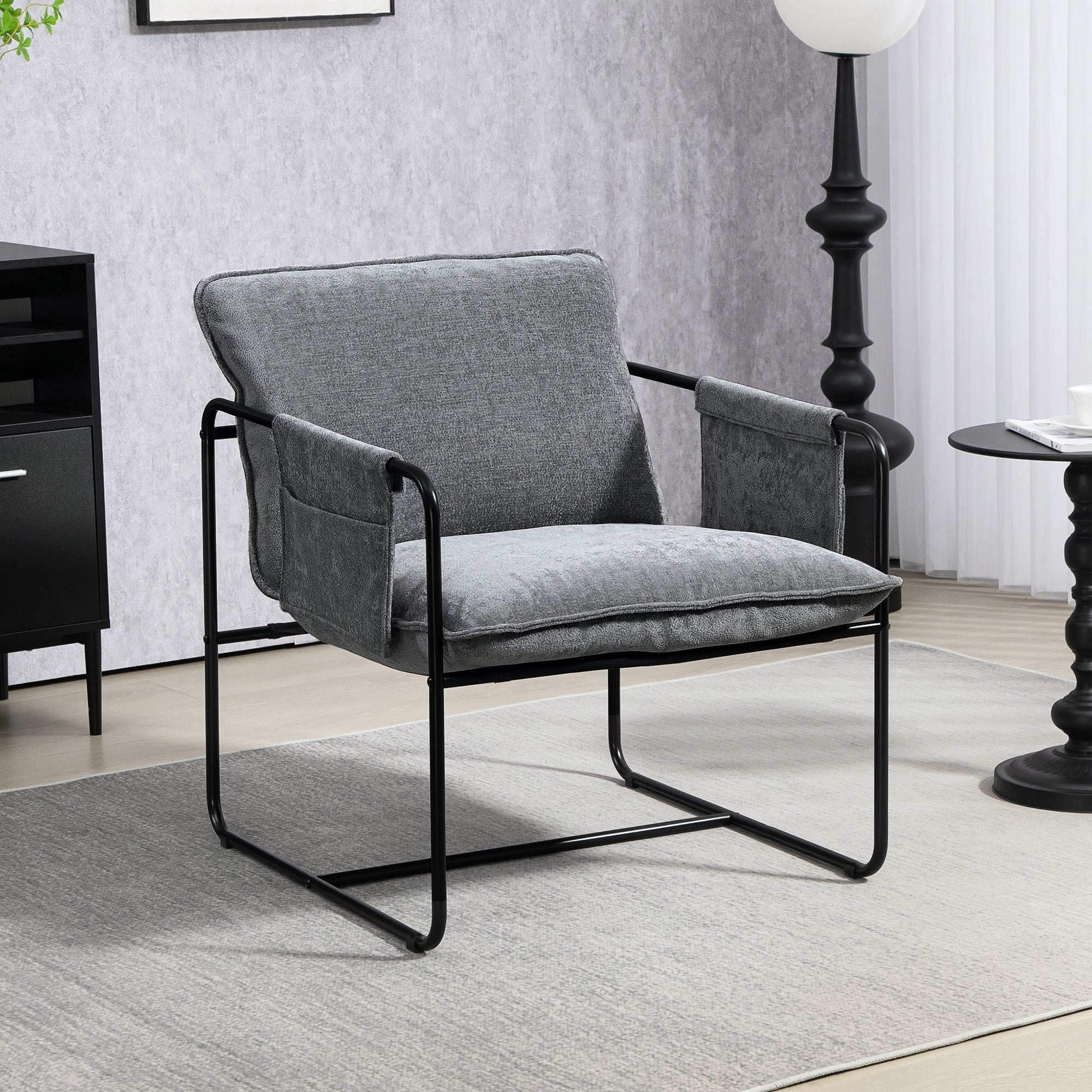 HOMCOM Modern Accent Chair, Upholstered Chenille Armchair with Side Pockets and Solid Steel Frame, Comfy Reading Chair for Bedroom, Living Room, Grey