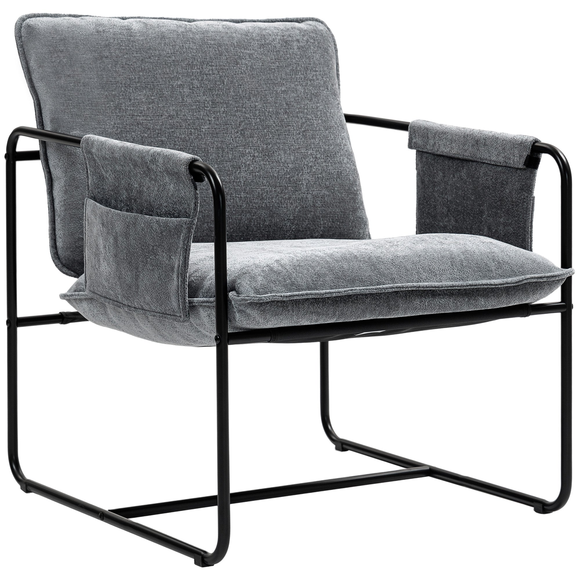 HOMCOM Modern Accent Chair, Upholstered Chenille Armchair with Side Pockets and Solid Steel Frame, Comfy Reading Chair for Bedroom, Living Room, Grey
