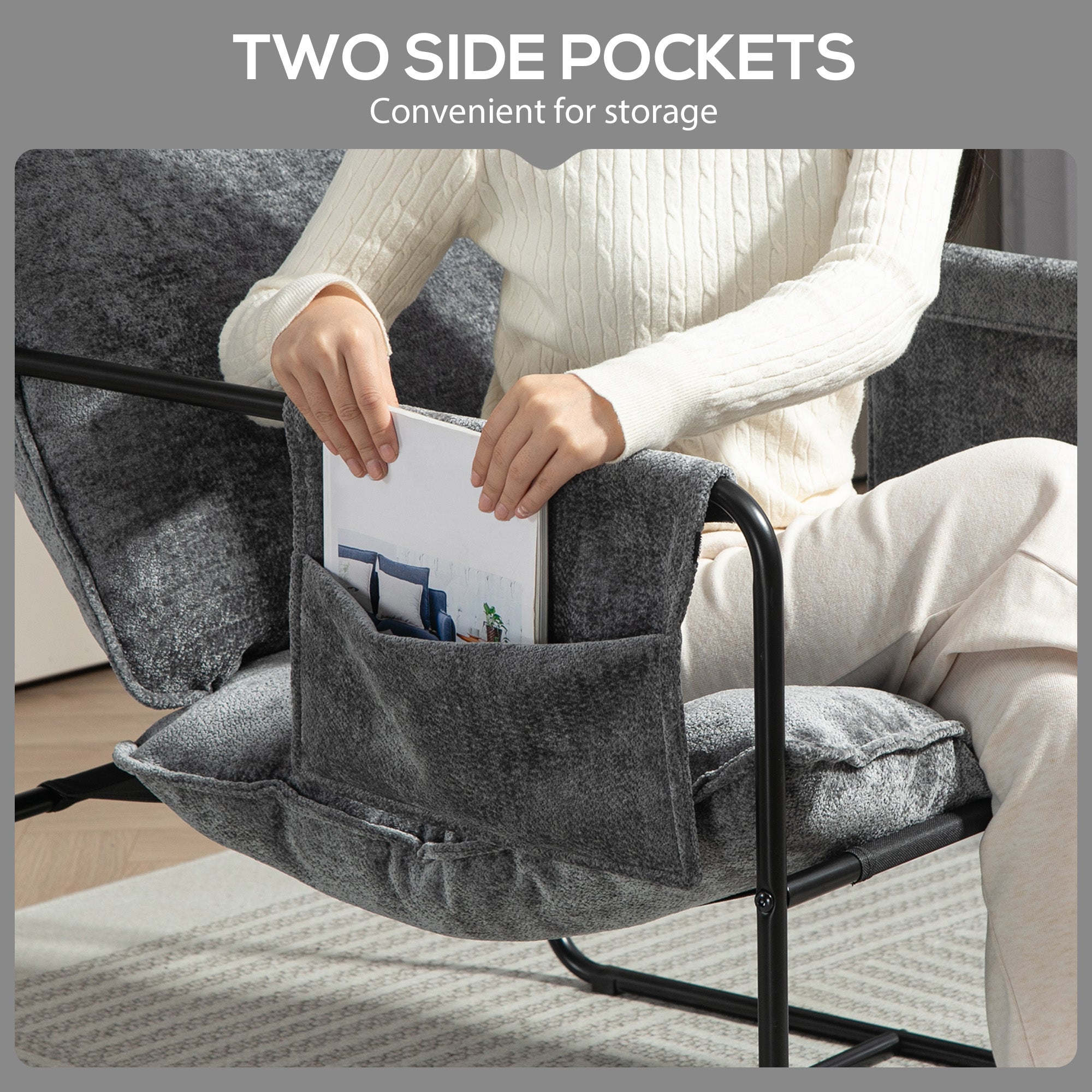 HOMCOM Modern Accent Chair, Upholstered Chenille Armchair with Side Pockets and Solid Steel Frame, Comfy Reading Chair for Bedroom, Living Room, Grey
