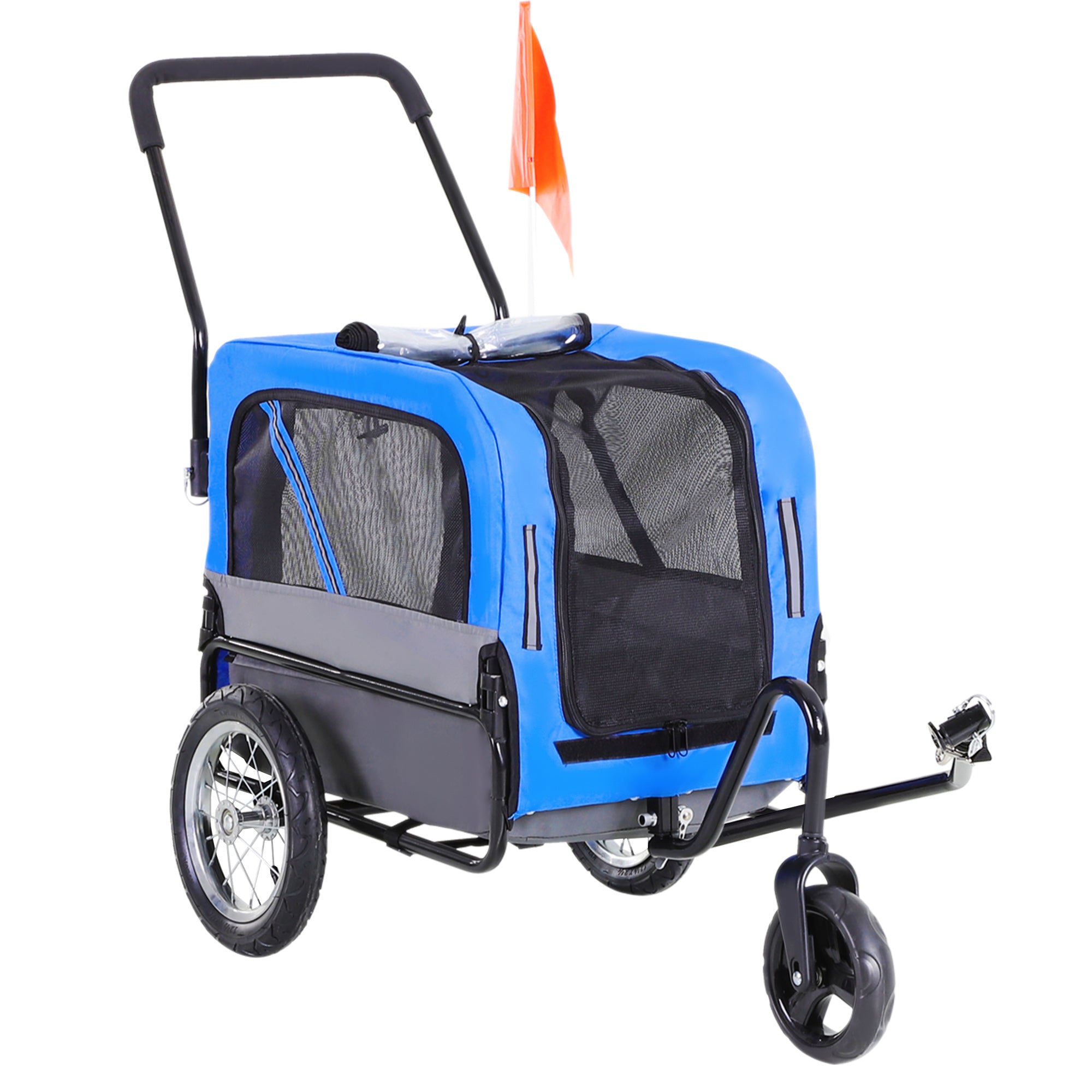 Aosom Dog Bike Trailer 2-In-1 Pet Stroller Cart Bicycle Wagon Cargo Carrier Attachment for Travel with 360 Swivel Wheel, Hitch, Suspension, Safety Flag, Blue