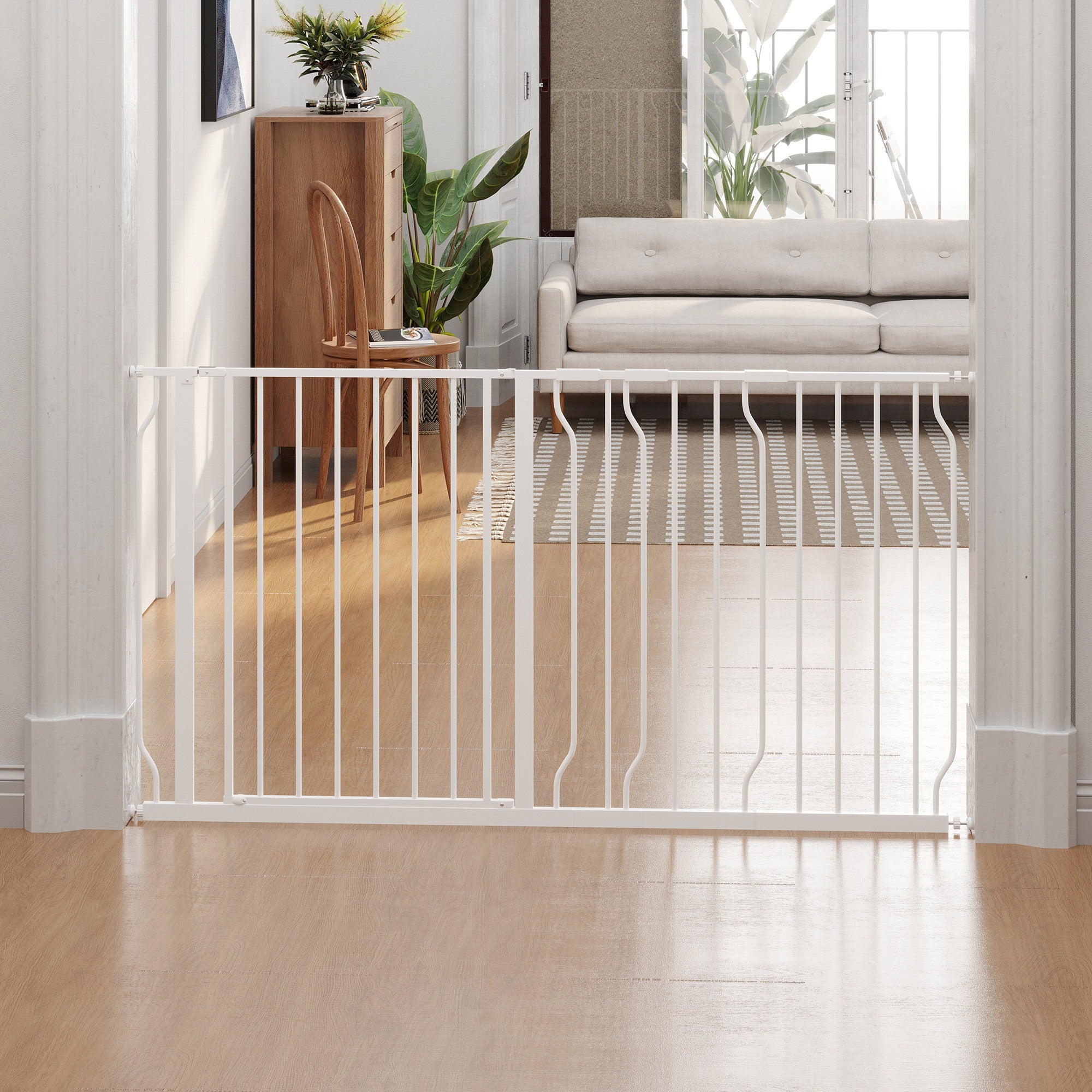 PawHut 30"- 57" Extra Wide Dog Gate with Door, Double Locking System, Easy Install Pet Gate for Stairs, Hallways, and Doorways, White