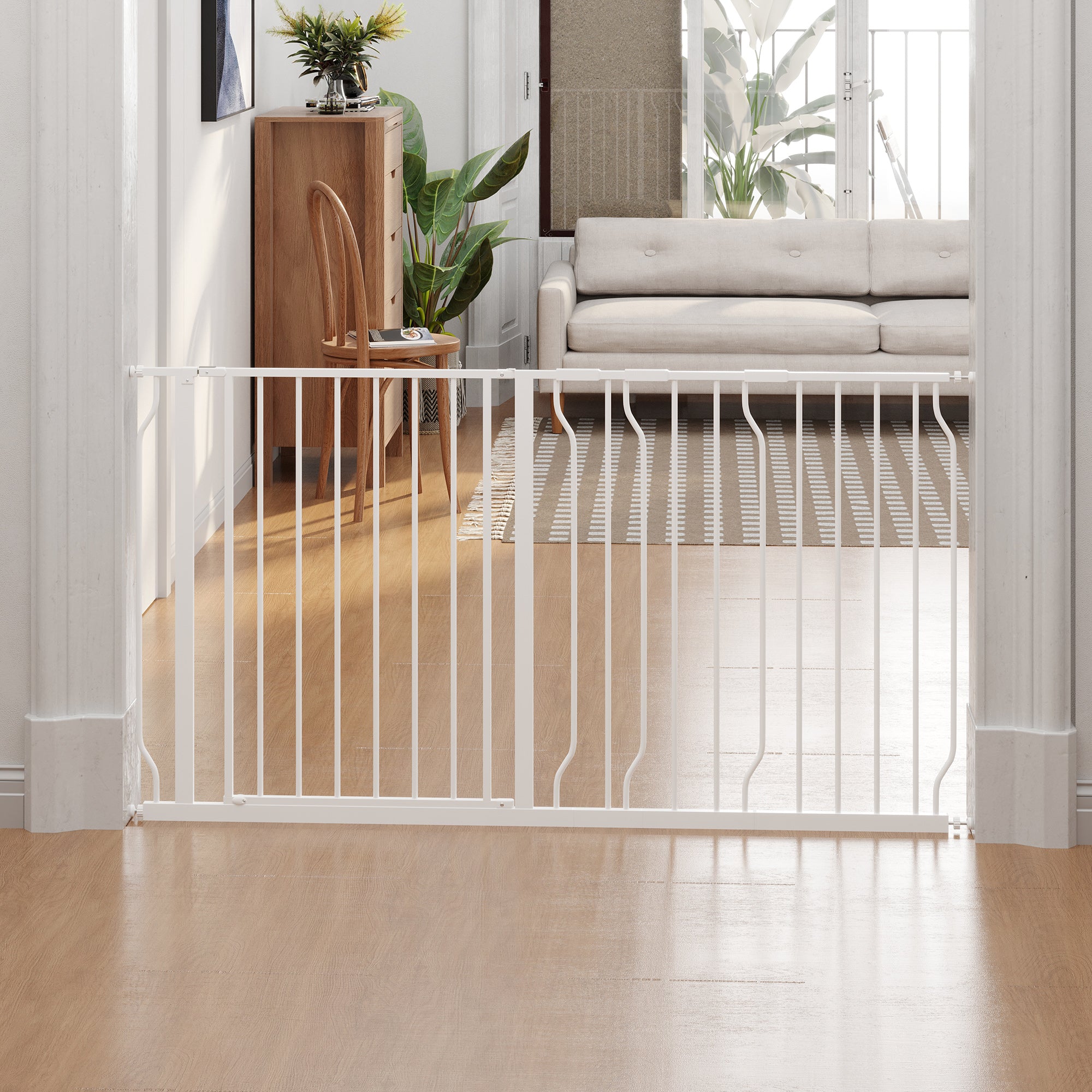 PawHut Dog Gate Wide Stair Gate w/ Door Pressure Fit Pets Barrier for Doorway, Hallway, 76H x 75-145W cm - White