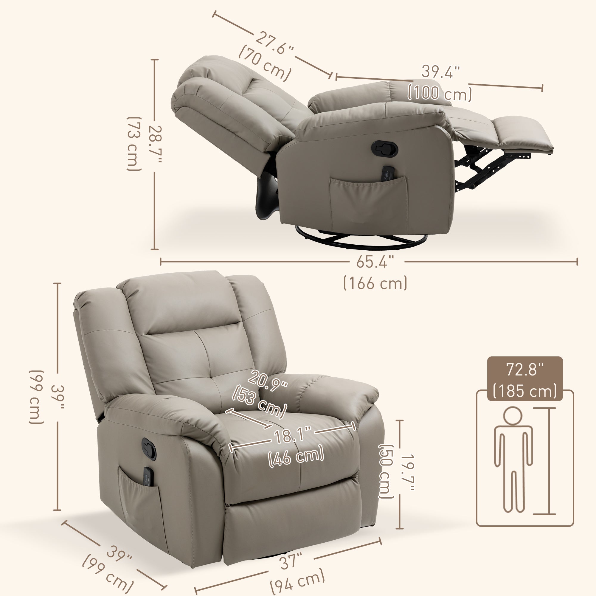 HOMCOM 8-Point Vibration Massage Recliner Chair for Living Room, PU Leather Manual Reclining Chair, Swivel Recliner with Remote Control, Rocking Function, Grey