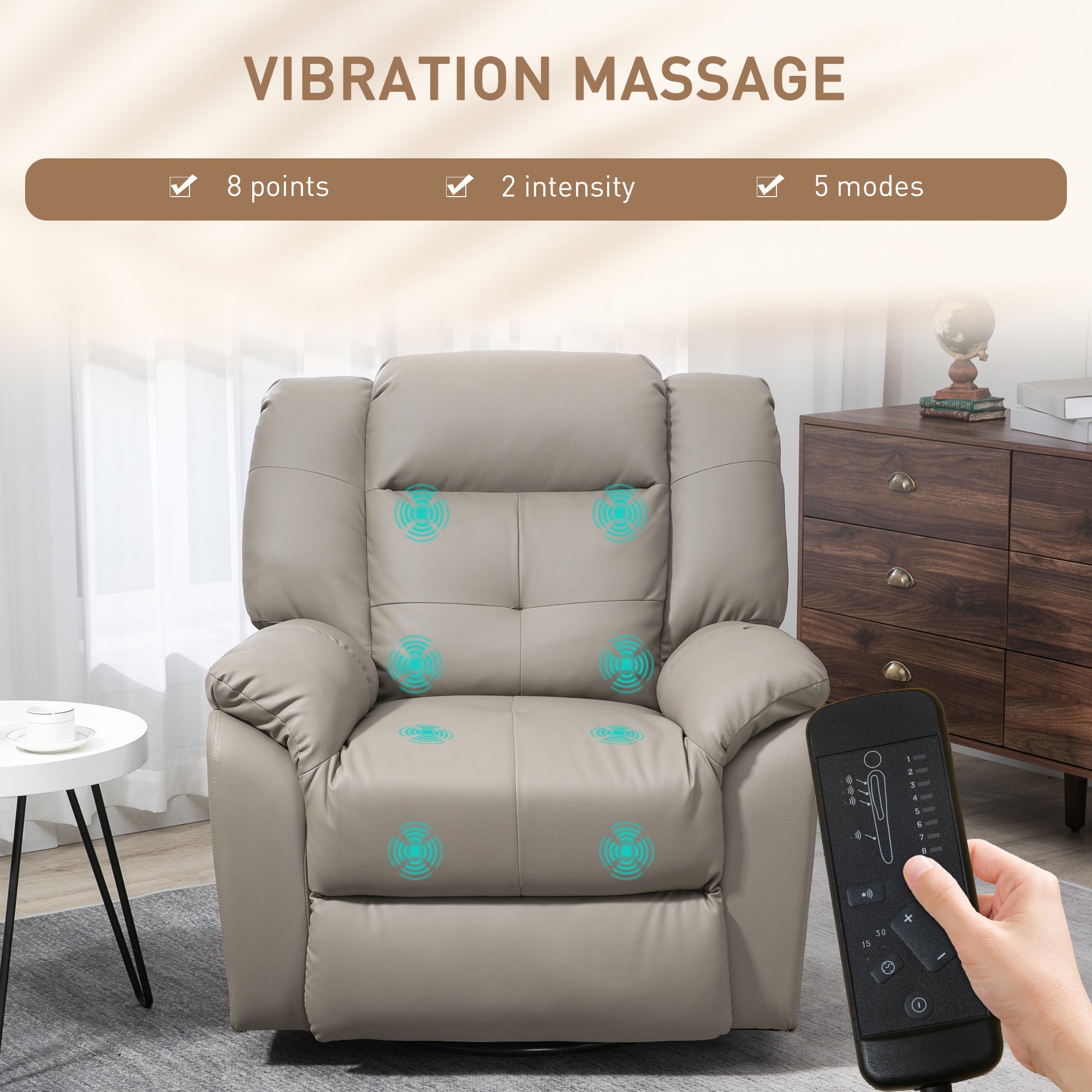 HOMCOM 8-Point Vibration Massage Recliner Chair for Living Room, PU Leather Manual Reclining Chair, Swivel Recliner with Remote Control, Rocking Function, Grey