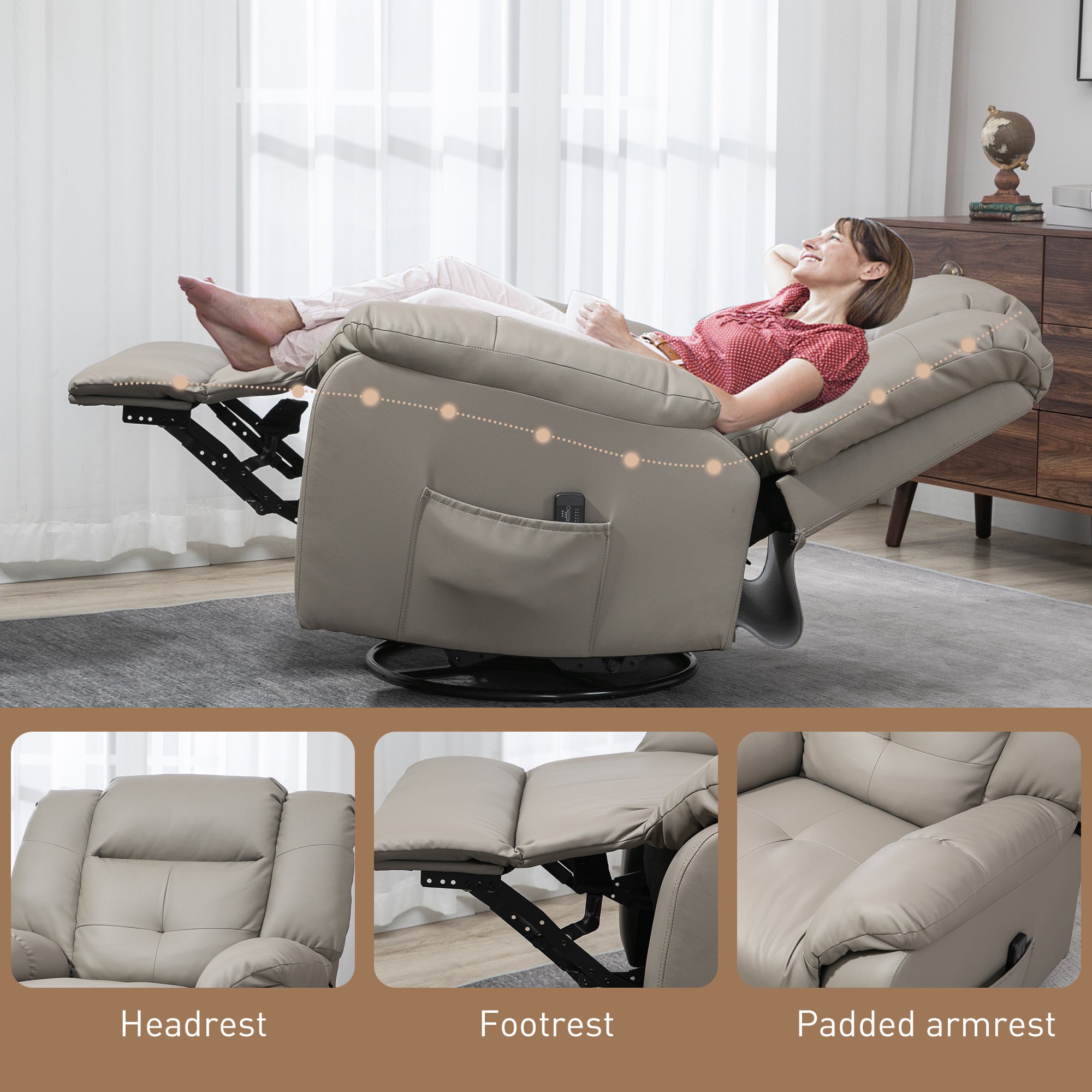HOMCOM 8-Point Vibration Massage Recliner Chair for Living Room, PU Leather Manual Reclining Chair, Swivel Recliner with Remote Control, Rocking Function, Grey