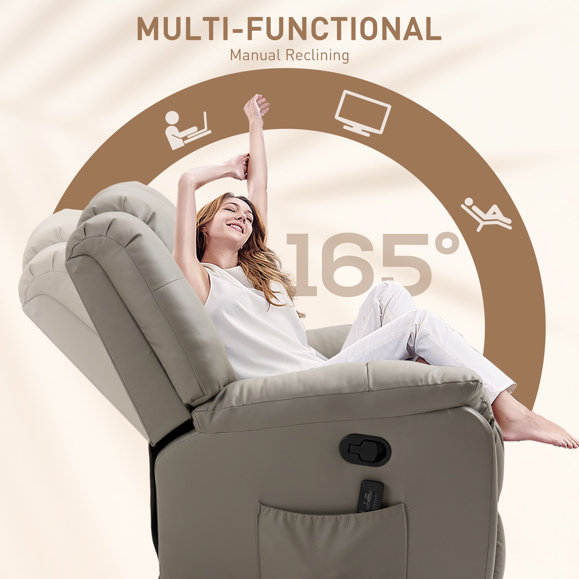 HOMCOM 8-Point Vibration Massage Recliner Chair for Living Room, PU Leather Manual Reclining Chair, Swivel Recliner with Remote Control, Rocking Function, Grey