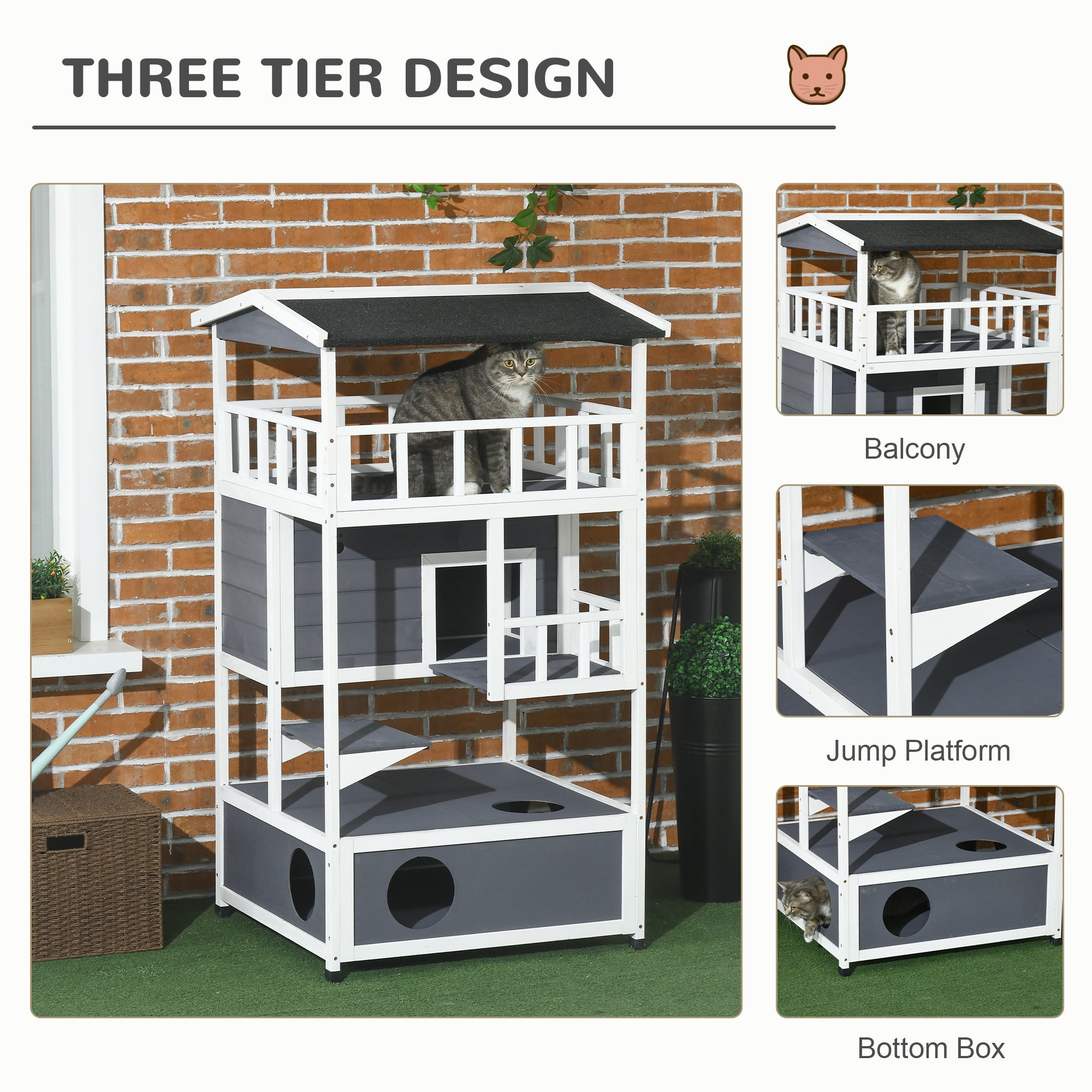 PawHut Outdoor Cat House, 4-Floor Wood Cat House for Feral Cats with Balcony, Condo, Fun Entrances, Perch, Grey