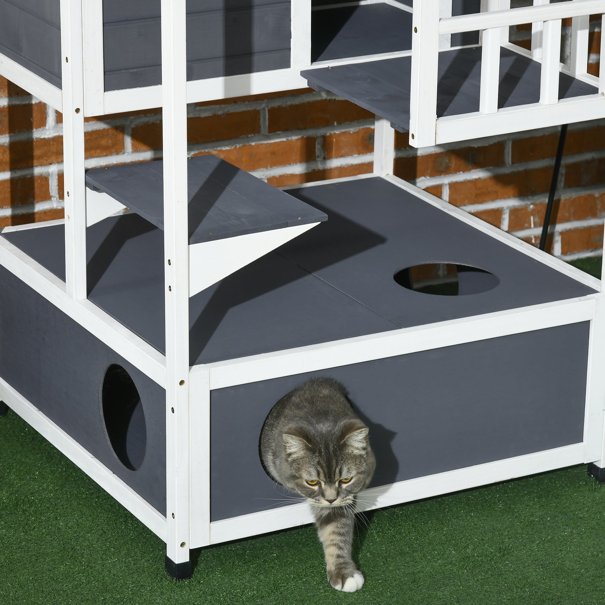 PawHut Outdoor Cat House, 4-Floor Wood Cat House for Feral Cats with Balcony, Condo, Fun Entrances, Perch, Grey