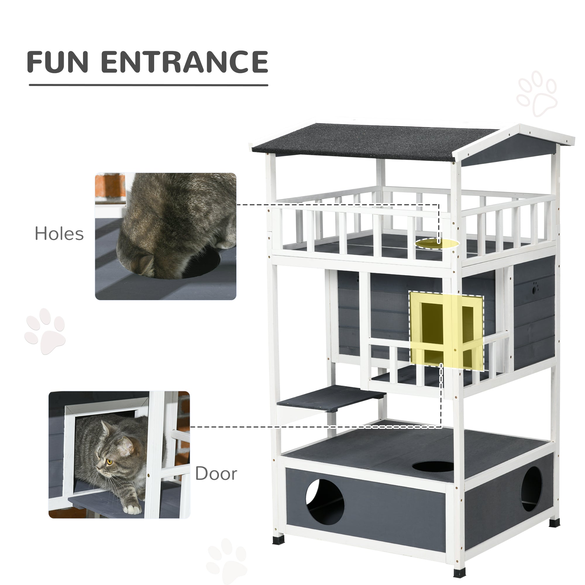 PawHut Outdoor Cat House, 4-Floor Wood Cat House for Feral Cats with Balcony, Condo, Fun Entrances, Perch, Grey