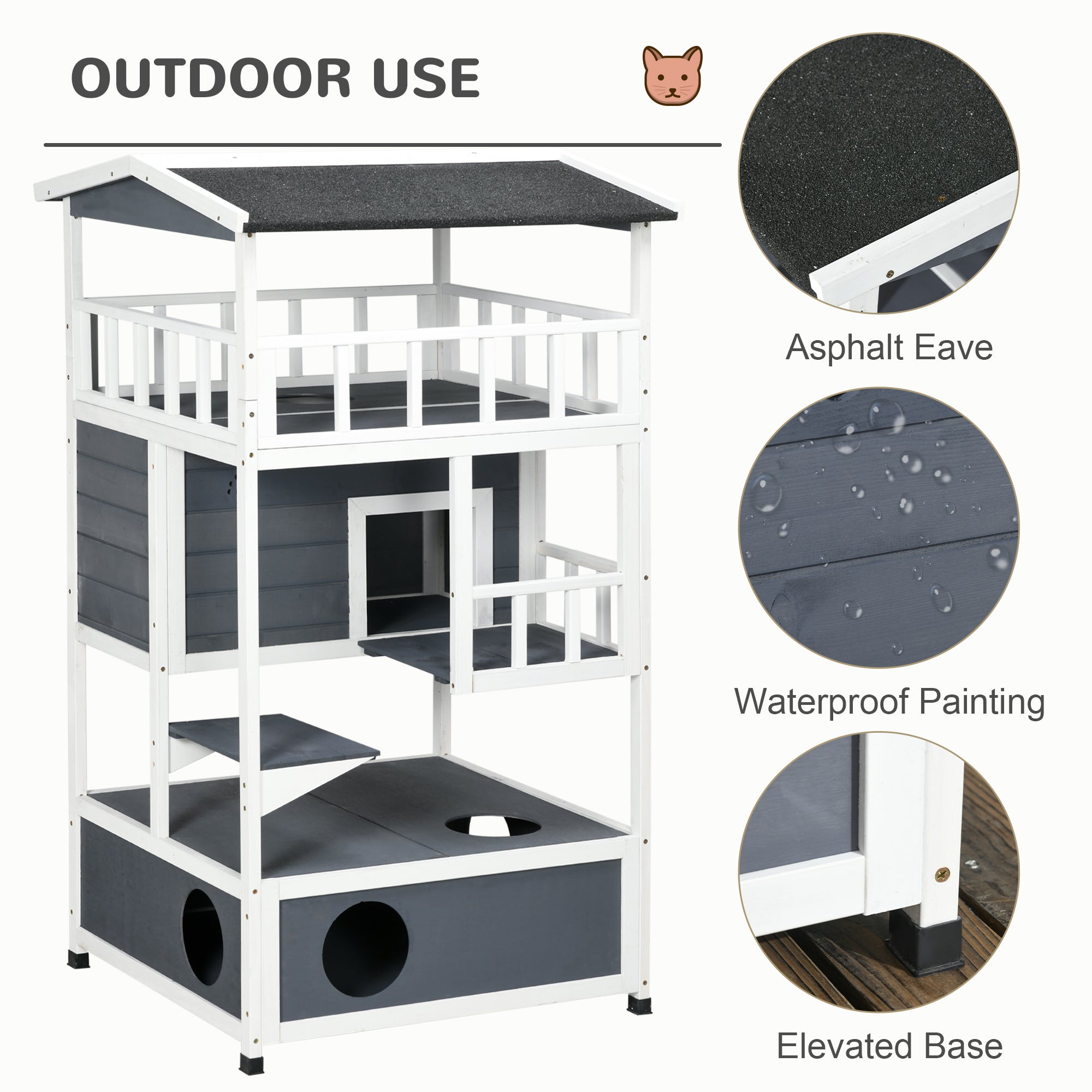 PawHut Outdoor Cat House, 4-Floor Wood Cat House for Feral Cats with Balcony, Condo, Fun Entrances, Perch, Grey