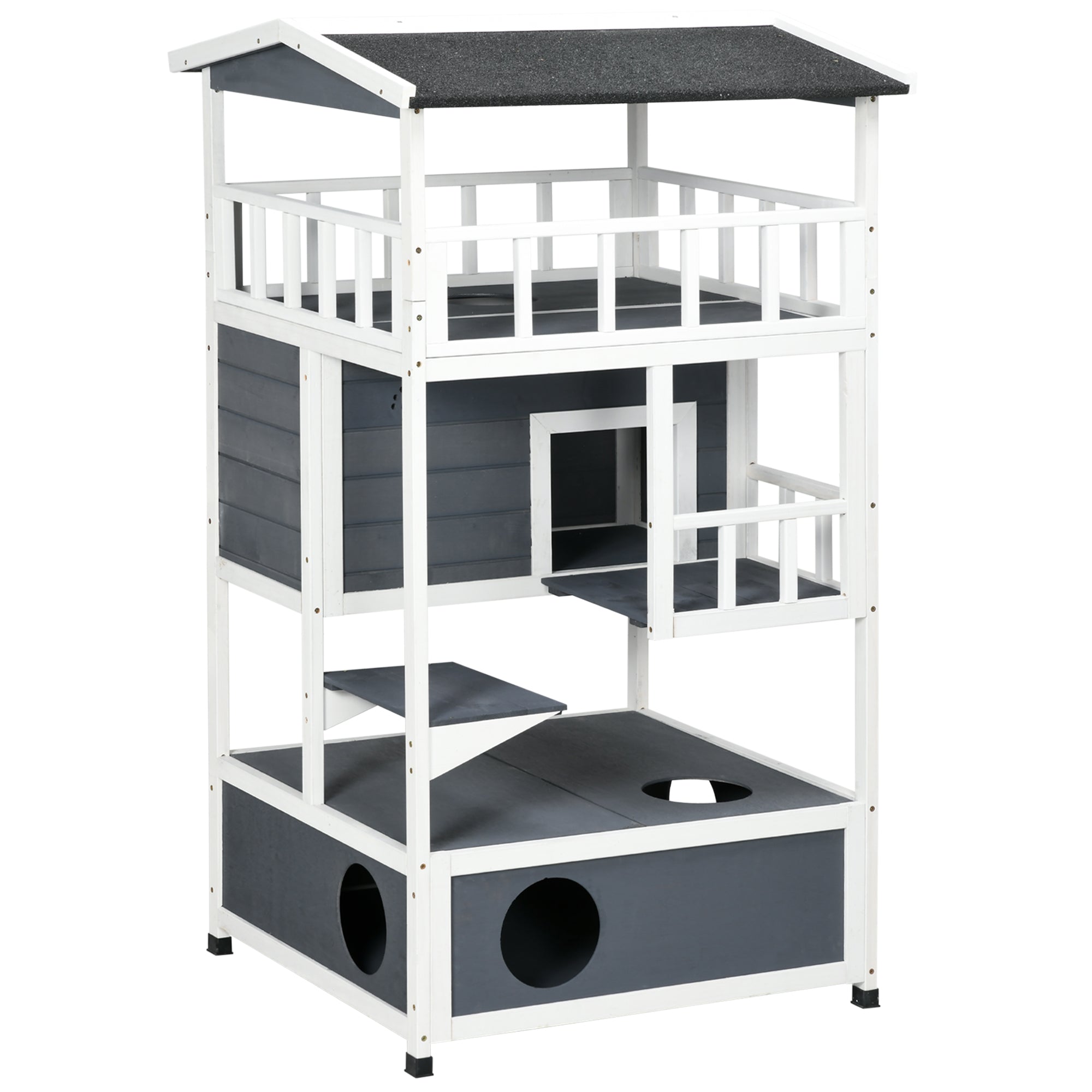 PawHut Wooden Outdoor Cat House 3-Tier for Winter Kitten Shelter Lodge w/ Tilted Roof Terrace Jump Step Bottom Tray Elevated Base Waterproof Paint Grey
