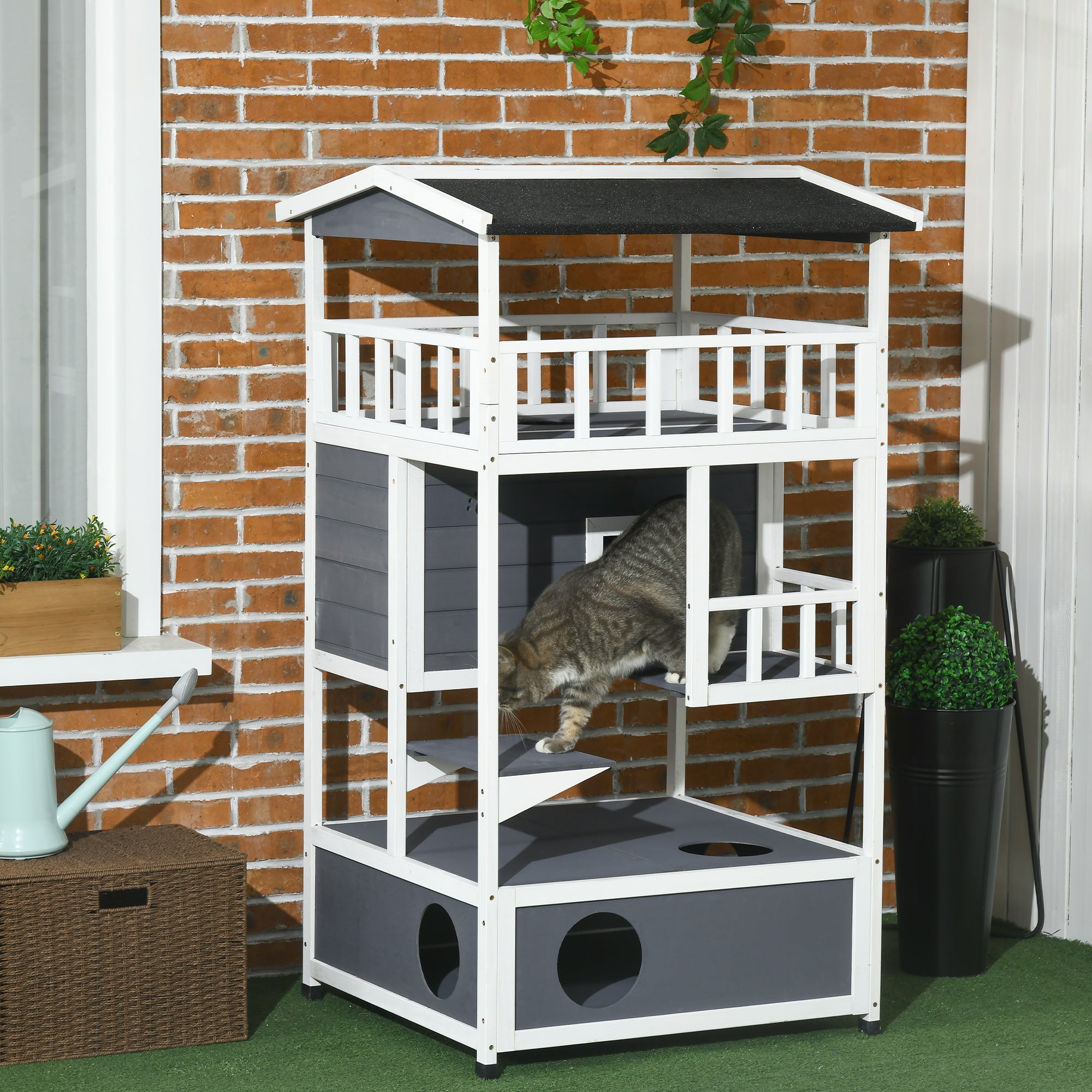 PawHut Outdoor Cat House, 4-Floor Wood Cat House for Feral Cats with Balcony, Condo, Fun Entrances, Perch, Grey