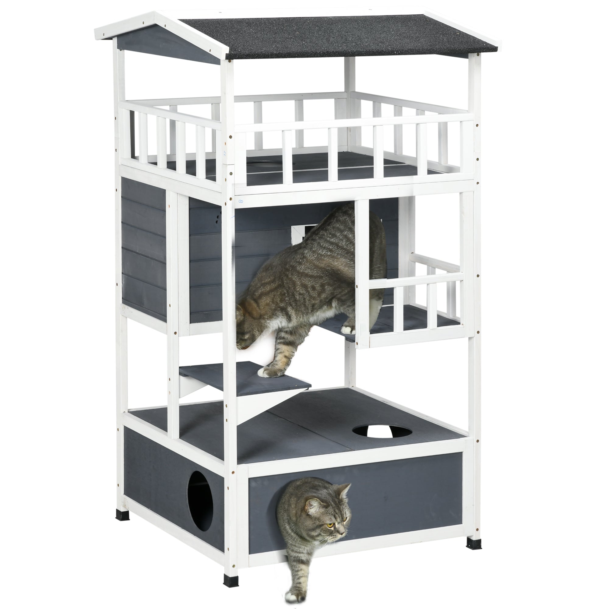 PawHut Outdoor Cat House, 4-Floor Wood Cat House for Feral Cats with Balcony, Condo, Fun Entrances, Perch, Grey