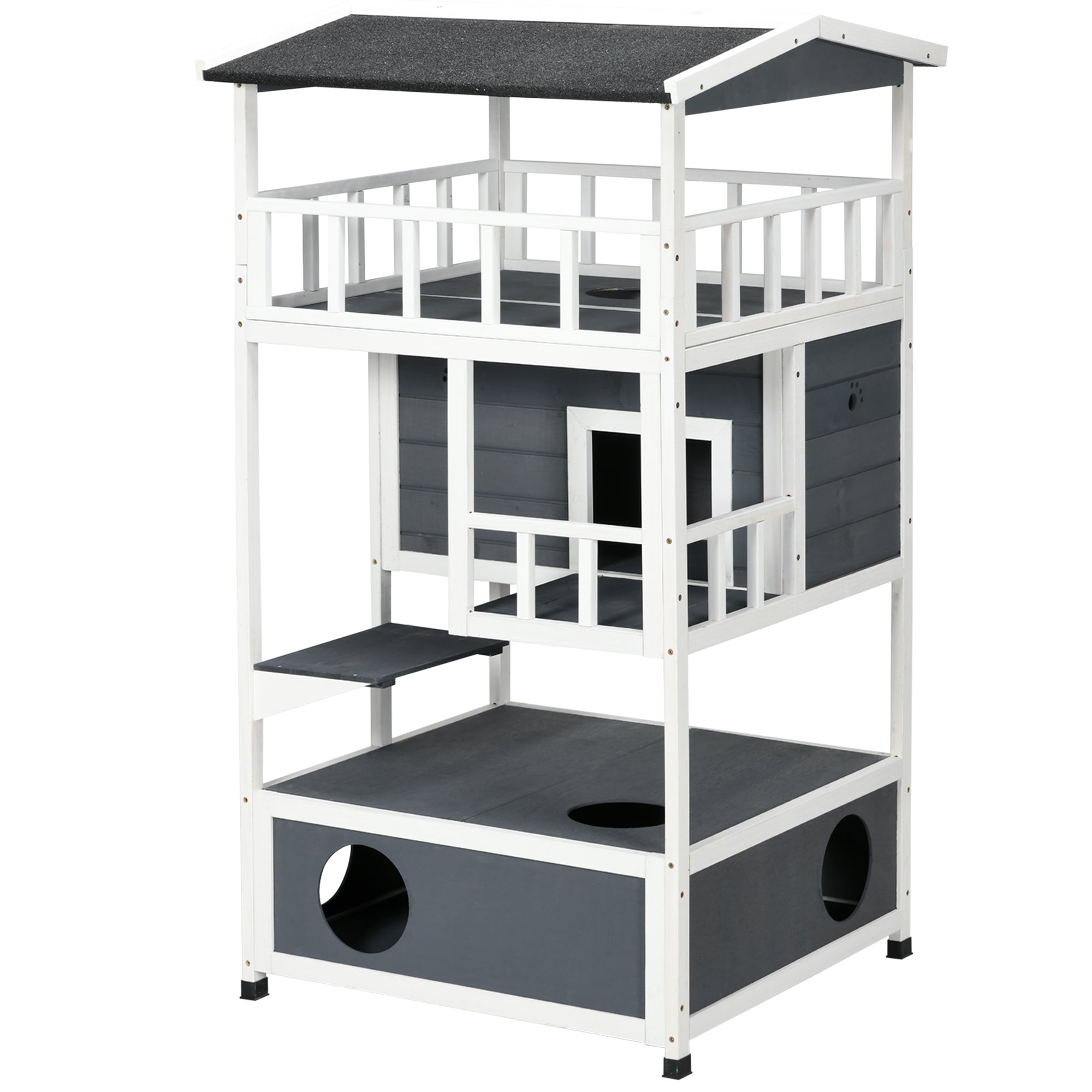 PawHut Wooden Outdoor Cat House 3-Tier for Winter Kitten Shelter Lodge w/ Tilted Roof Terrace Jump Step Bottom Tray Elevated Base Waterproof Paint Grey