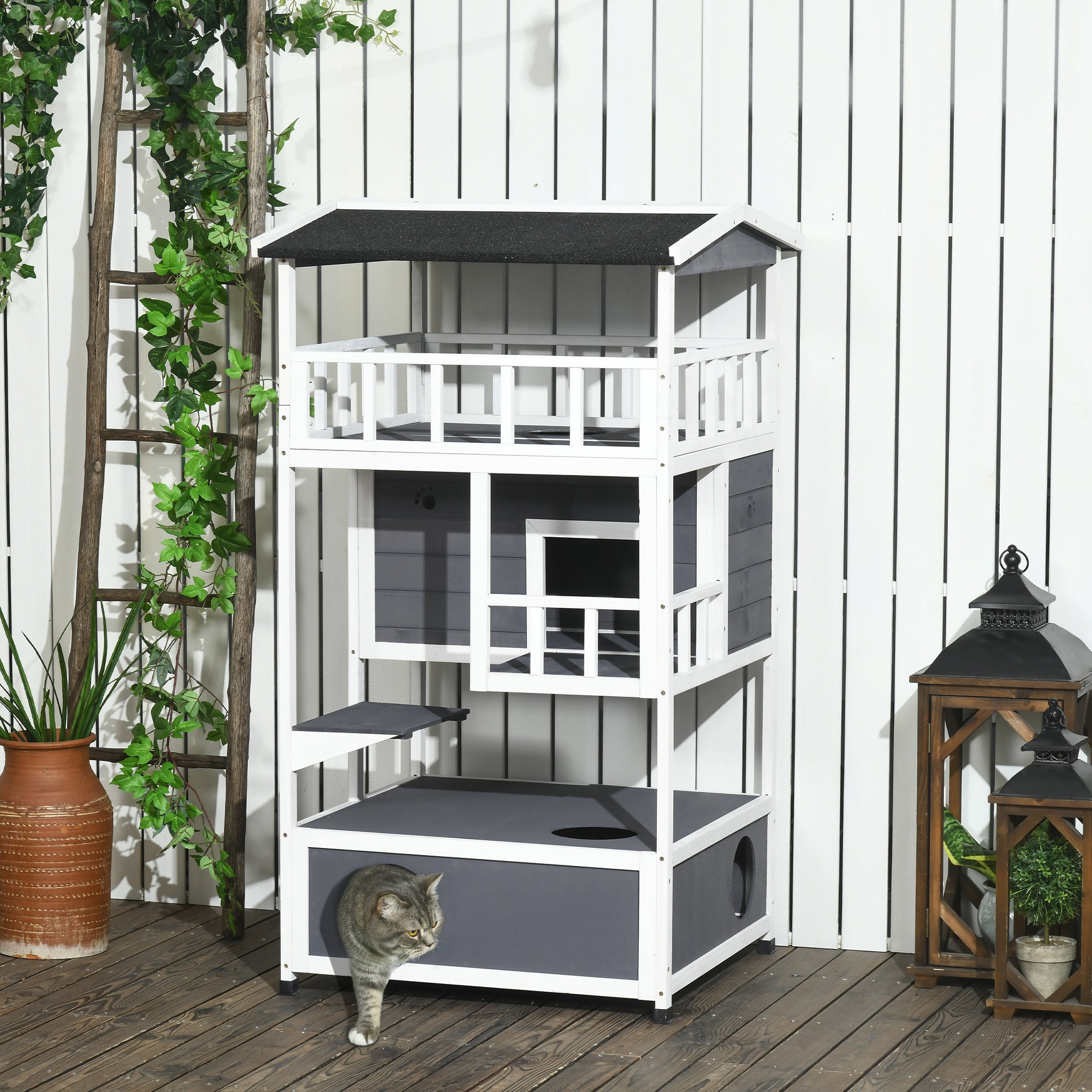 PawHut Wooden Outdoor Cat House 3-Tier for Winter Kitten Shelter Lodge w/ Tilted Roof Terrace Jump Step Bottom Tray Elevated Base Waterproof Paint Grey