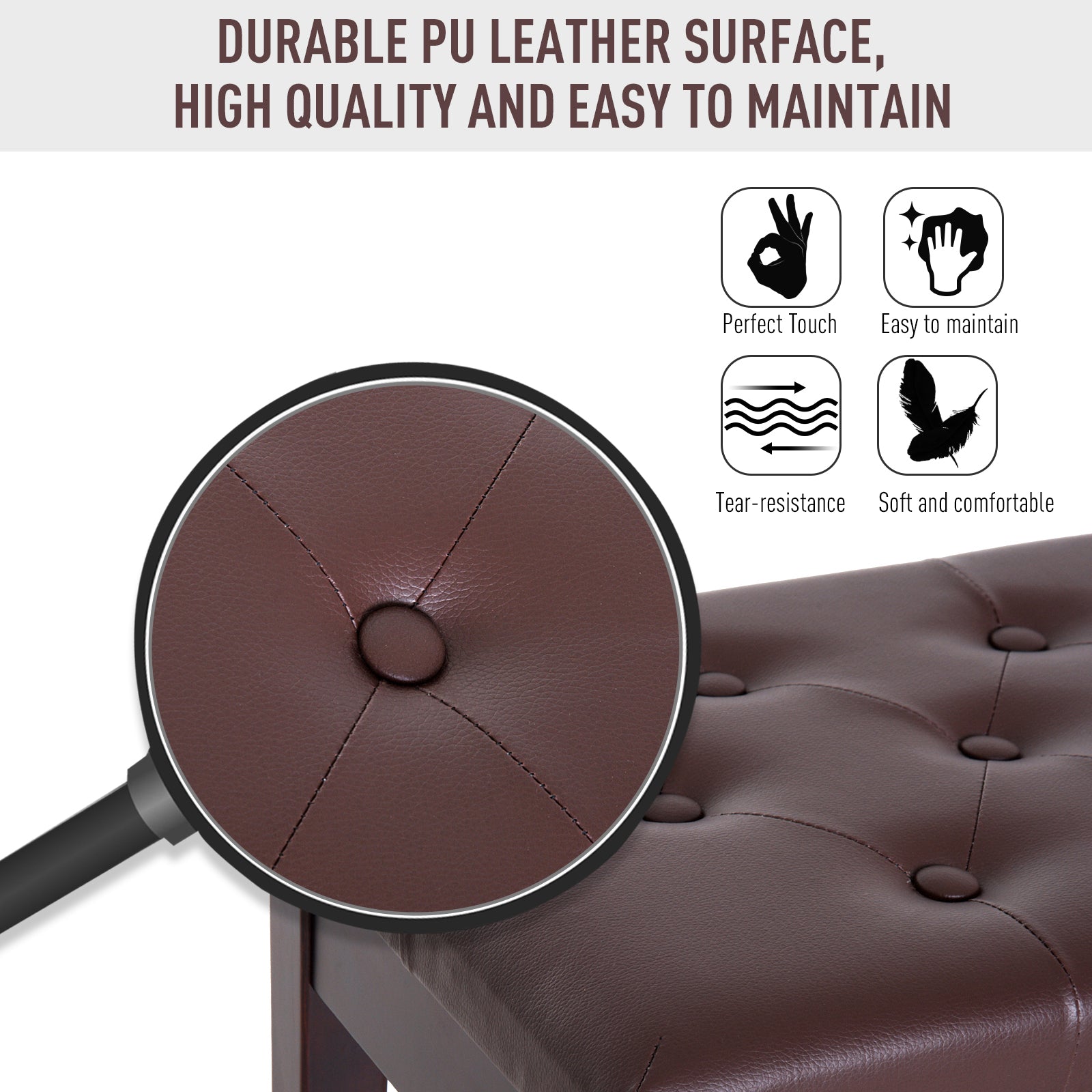 HOMCOM 30" Padded Storage Piano Bench Artist Keyboard Seat Faux Leather (Brown)