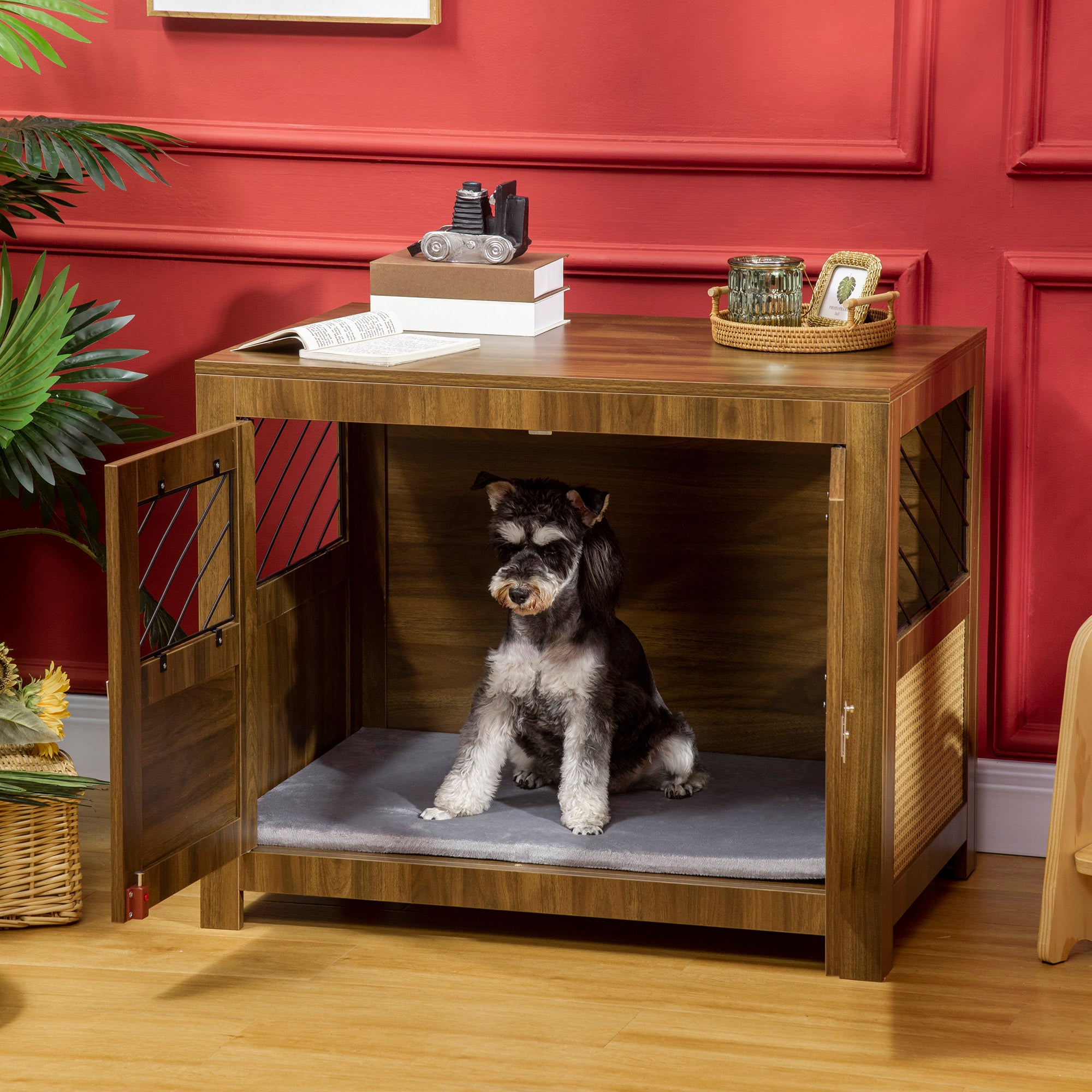 PawHut Dog Crate Furniture with Soft Cushion, Dog Crate End Table with Rattan Decoration, Small to Medium Sized Dog Kennel Furniture Indoors with Large Entrance, Walnut