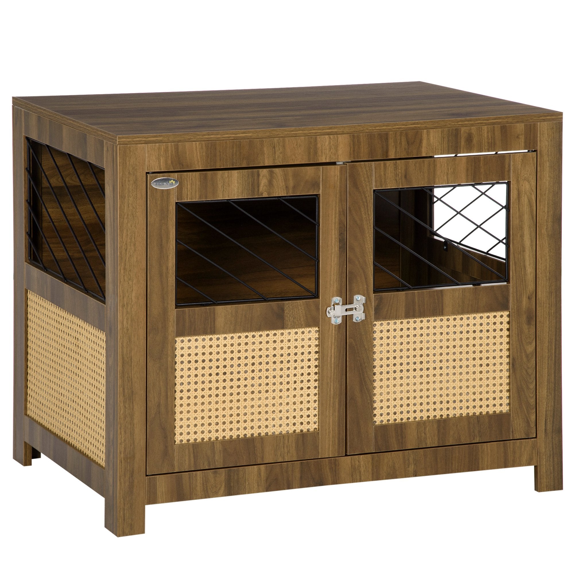 PawHut Dog Crate Furniture with Soft Cushion, Dog Crate End Table with Rattan Decoration, Small to Medium Sized Dog Kennel Furniture Indoors with Large Entrance, Walnut