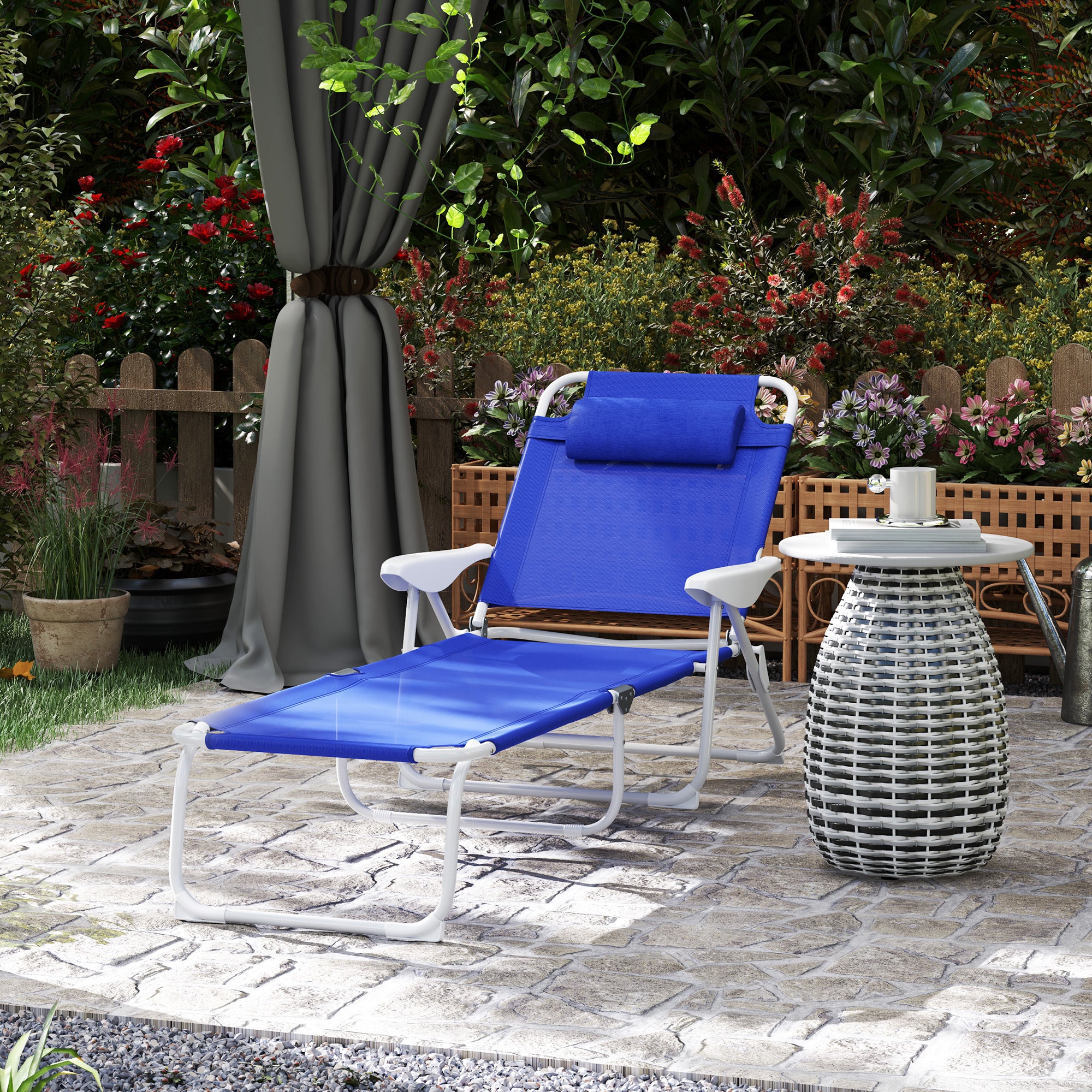 Outsunny Outdoor Lounge Chair, Patio Garden Folding Chaise Lounge Sun Beach Reclining Tanning Chair with 4-Level Adjustable Backrest & Headrest, Blue