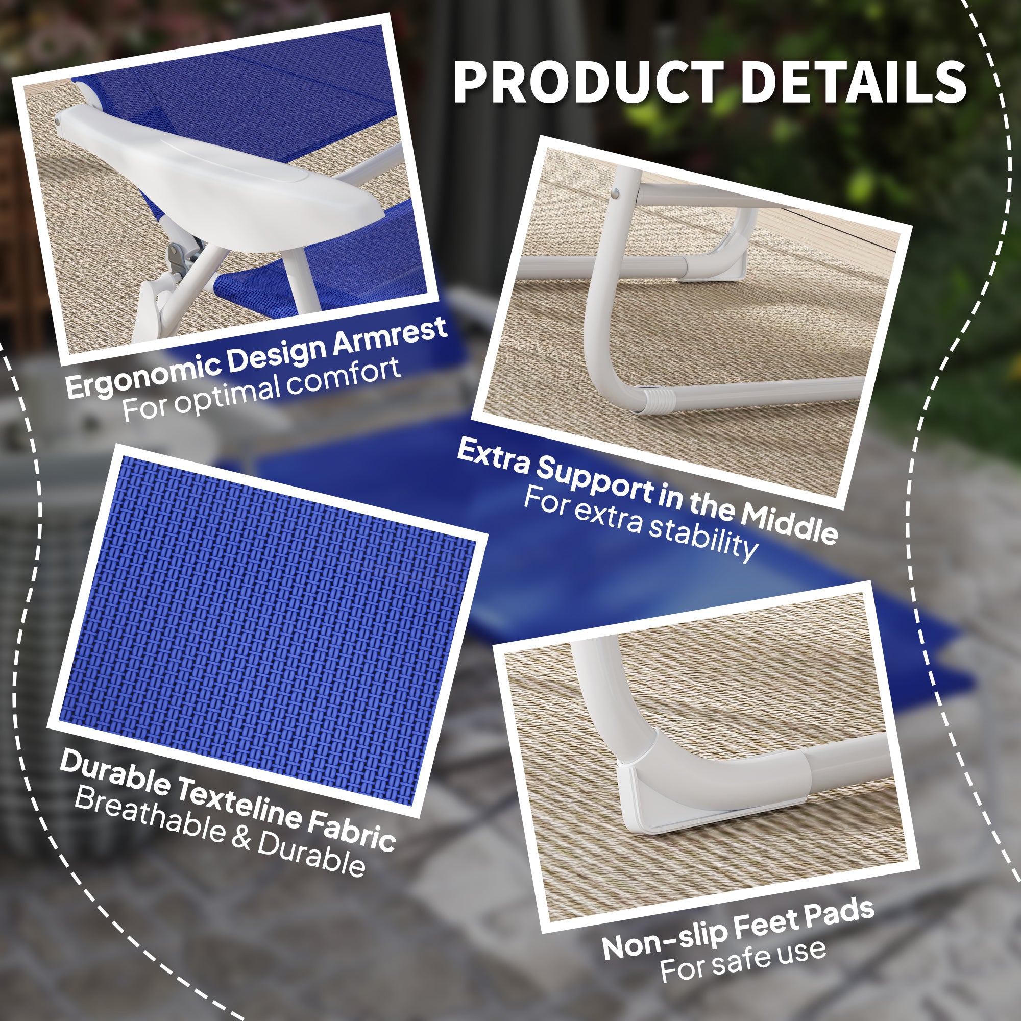 Outsunny Outdoor Lounge Chair, Patio Garden Folding Chaise Lounge Sun Beach Reclining Tanning Chair with 4-Level Adjustable Backrest & Headrest, Blue