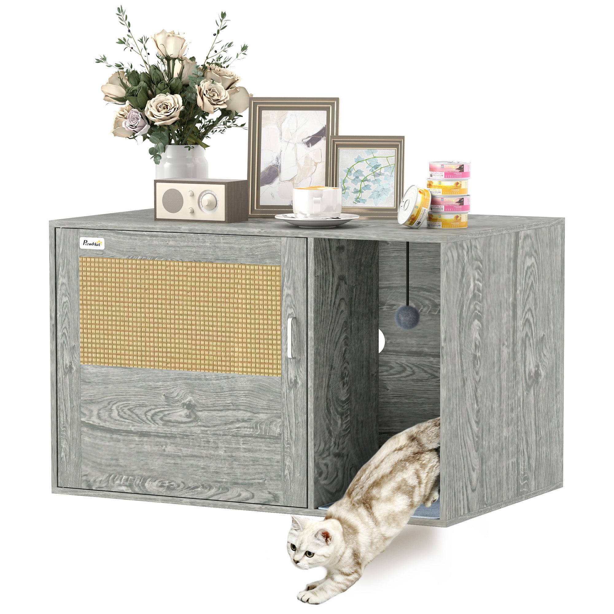 PawHut Cat Litter Box Enclosure with Rattan Door, Boho Style Hiddern Litter Box Furniture, Cat House End Side Table with Scratching Mat, Toy Ball, Non-slip Foot Pads, 80 x 50 x 50cm, Grey
