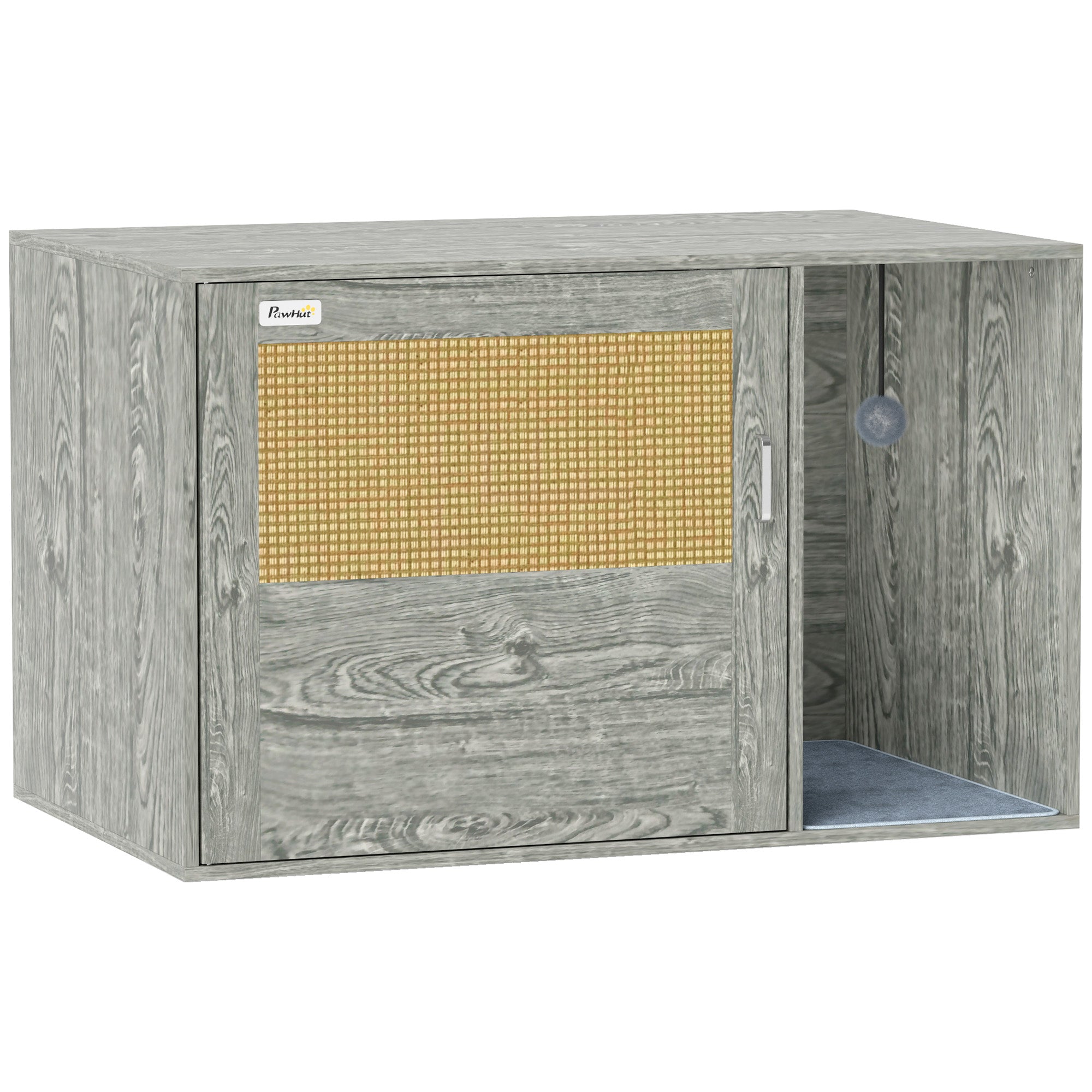 PawHut Cat Litter Box Enclosure with Rattan Door, Boho Style Hiddern Litter Box Furniture, Cat House End Side Table with Scratching Mat, Toy Ball, Non-slip Foot Pads, 80 x 50 x 50cm, Grey
