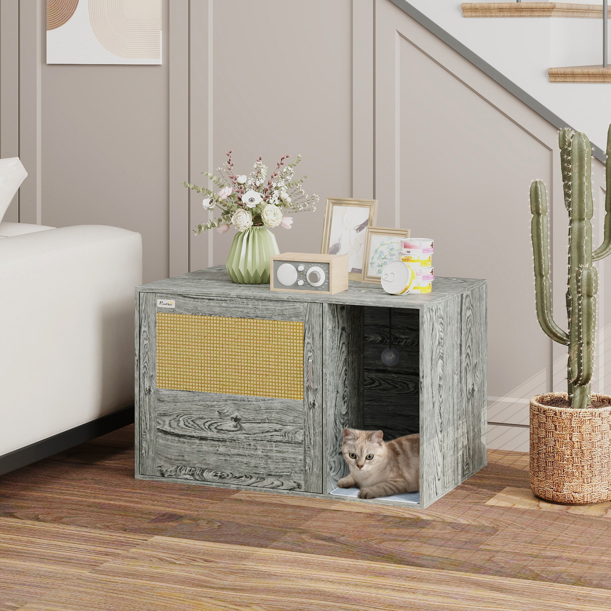 PawHut Cat Litter Box Enclosure with Rattan Door, Boho Style Hiddern Litter Box Furniture, Cat House End Side Table with Scratching Mat, Toy Ball, Non-slip Foot Pads, 80 x 50 x 50cm, Grey