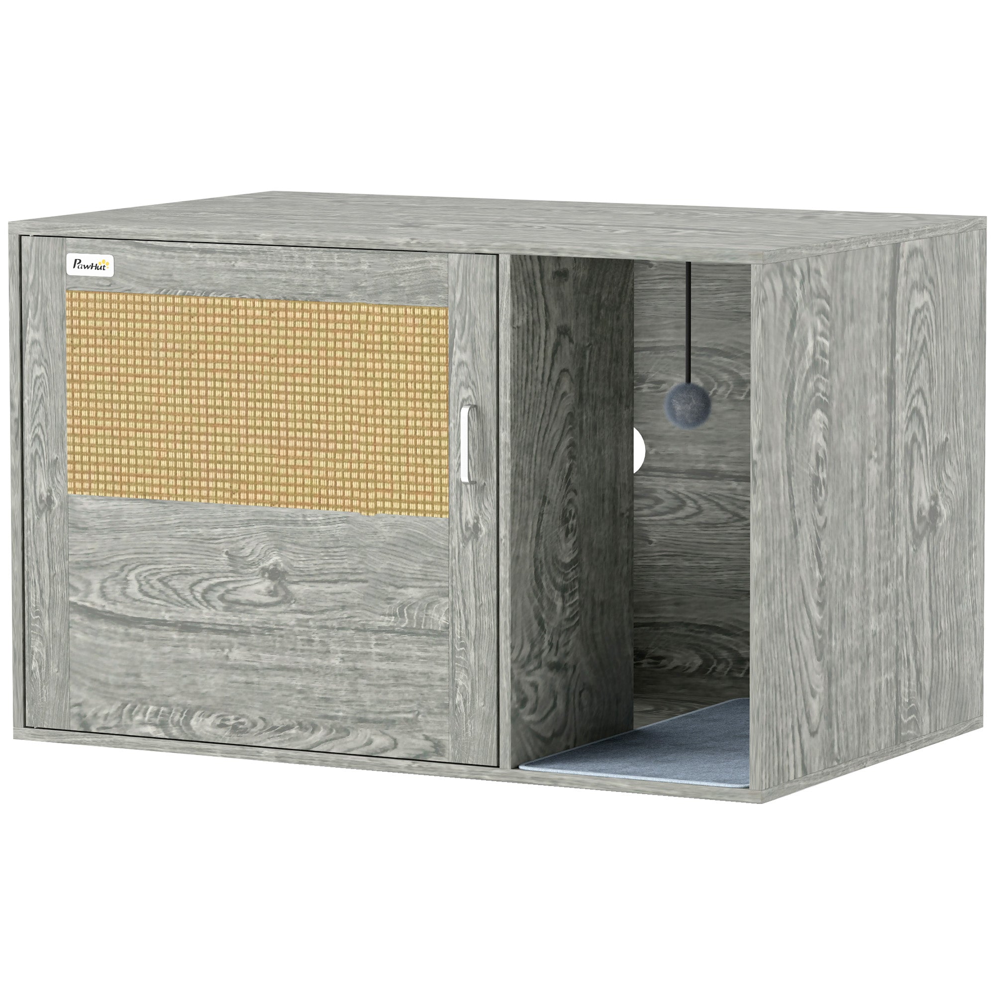PawHut Cat Litter Box Enclosure with Rattan Door, Boho Style Hiddern Litter Box Furniture, Cat House End Side Table with Scratching Mat, Toy Ball, Non-slip Foot Pads, 80 x 50 x 50cm, Grey