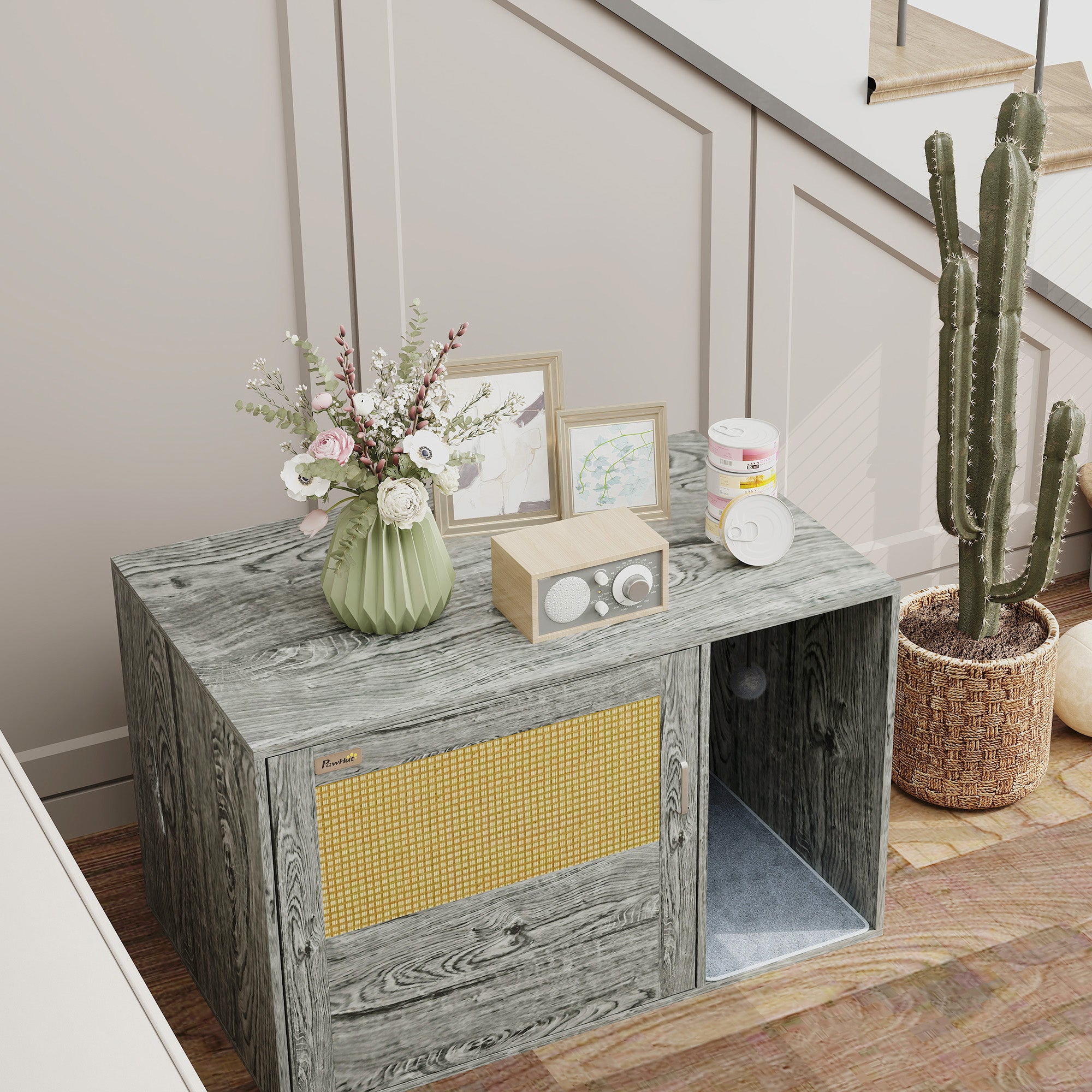 PawHut Cat Litter Box Enclosure with Rattan Door, Boho Style Hiddern Litter Box Furniture, Cat House End Side Table with Scratching Mat, Toy Ball, Non-slip Foot Pads, 80 x 50 x 50cm, Grey