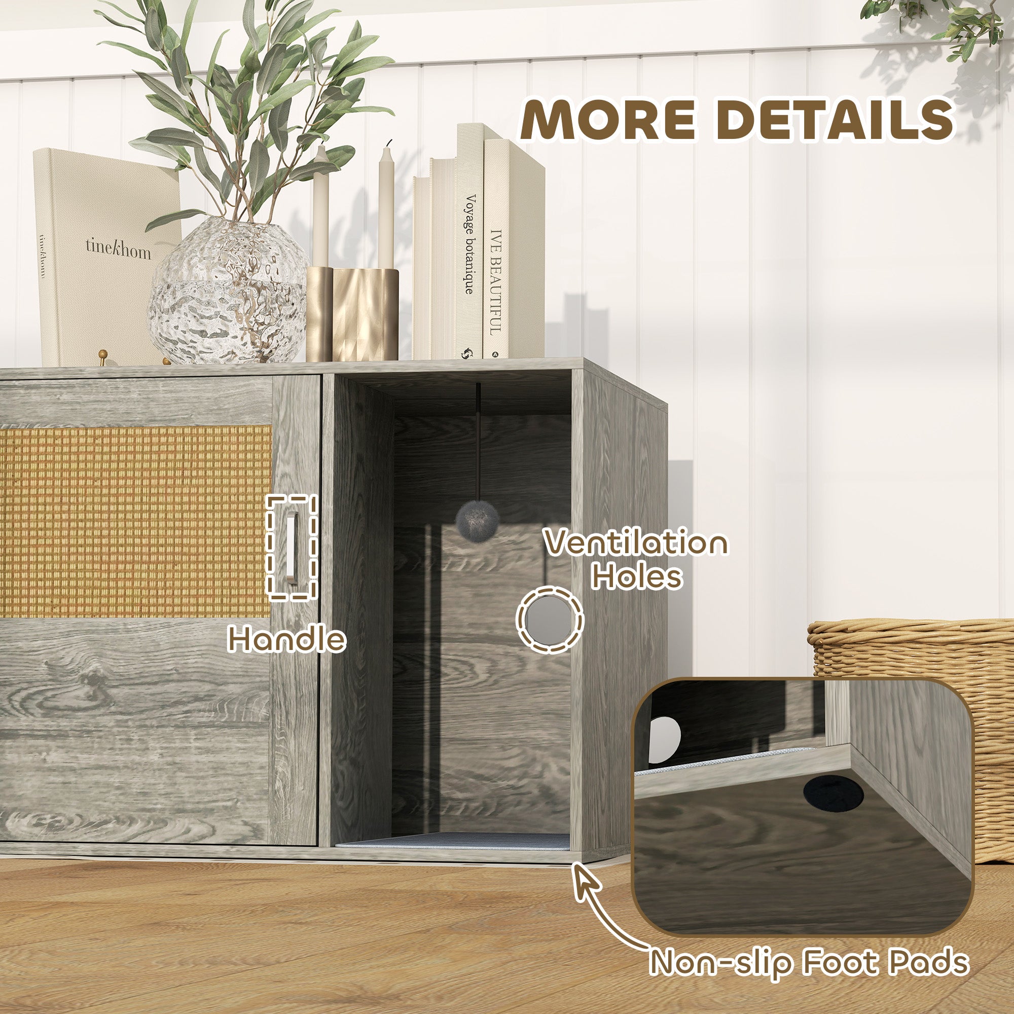 PawHut Cat Litter Box Enclosure with Rattan Door, Boho Style Hiddern Litter Box Furniture, Cat House End Side Table with Scratching Mat, Toy Ball, Non-slip Foot Pads, 80 x 50 x 50cm, Grey