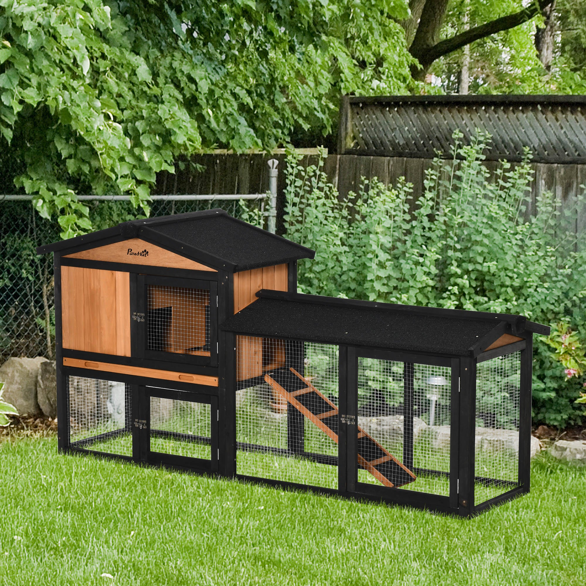PawHut 69" Wooden Rabbit Hutch Pet Playpen Bunny House Enclosure with Run Box, Slide-out Tray, Ramp, for Rabbits and Small Animals, Black