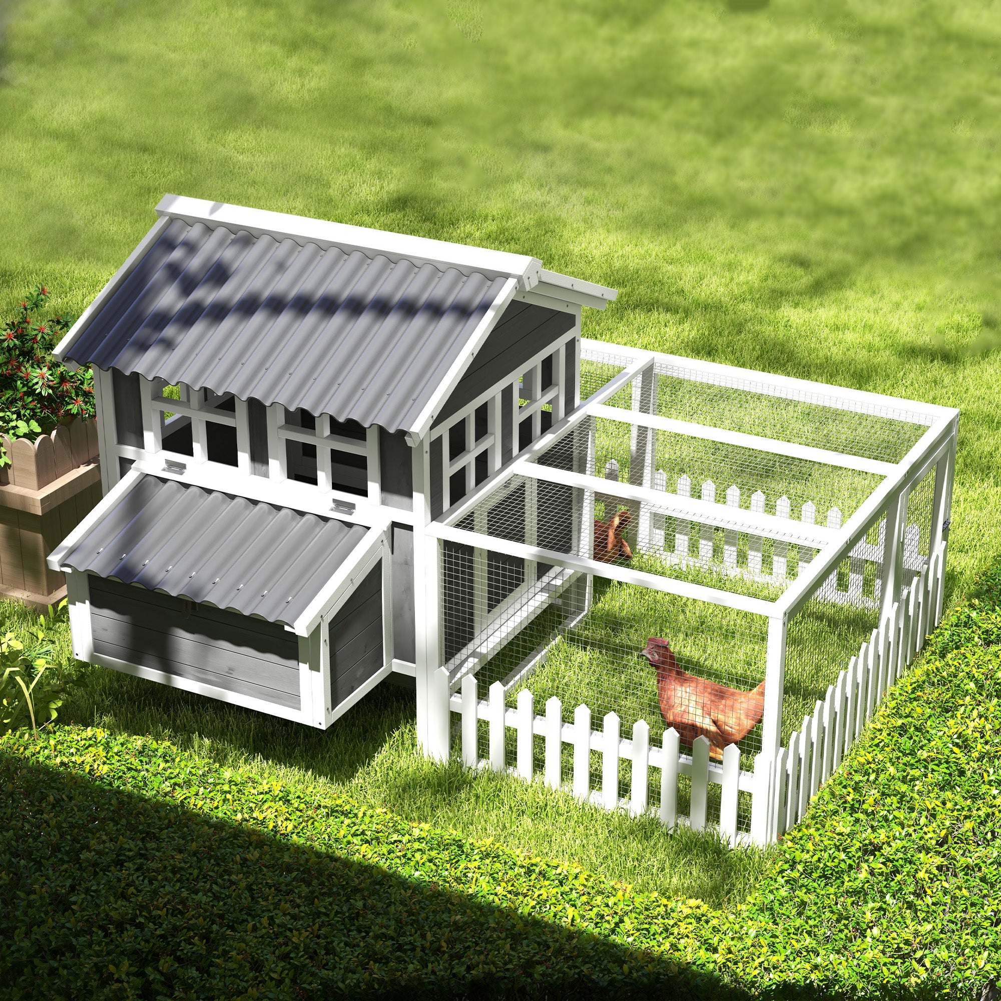 PawHut 68" Wooden Chicken Coop, Outdoor Rabbit Hutch with Run, Tray, Nesting Box, Removable Tray, Fence for 3-4 Chicken, Bunnies, Ducks, Charcoal Grey