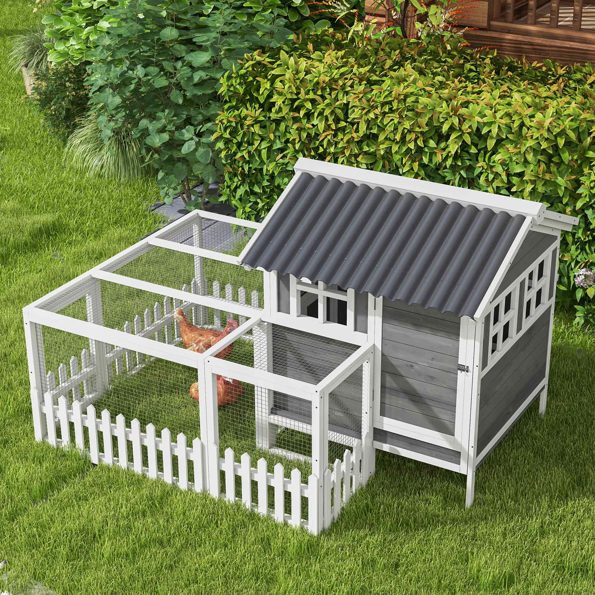 PawHut 68" Wooden Chicken Coop, Outdoor Rabbit Hutch with Run, Tray, Nesting Box, Removable Tray, Fence for 3-4 Chicken, Bunnies, Ducks, Charcoal Grey