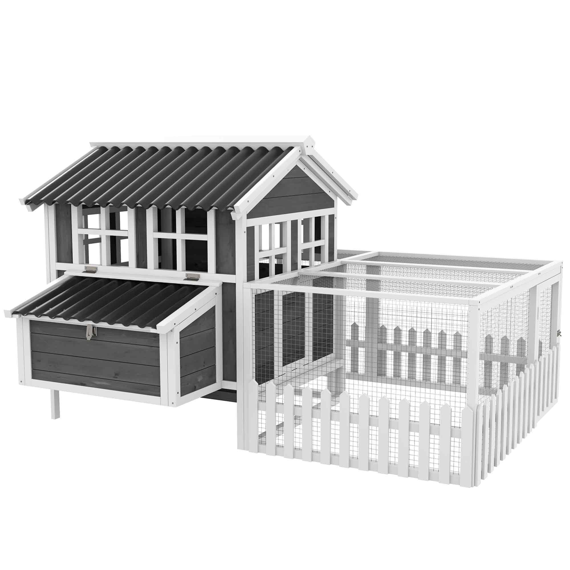 PawHut 68" Wooden Chicken Coop, Outdoor Rabbit Hutch with Run, Tray, Nesting Box, Removable Tray, Fence for 3-4 Chicken, Bunnies, Ducks, Charcoal Grey