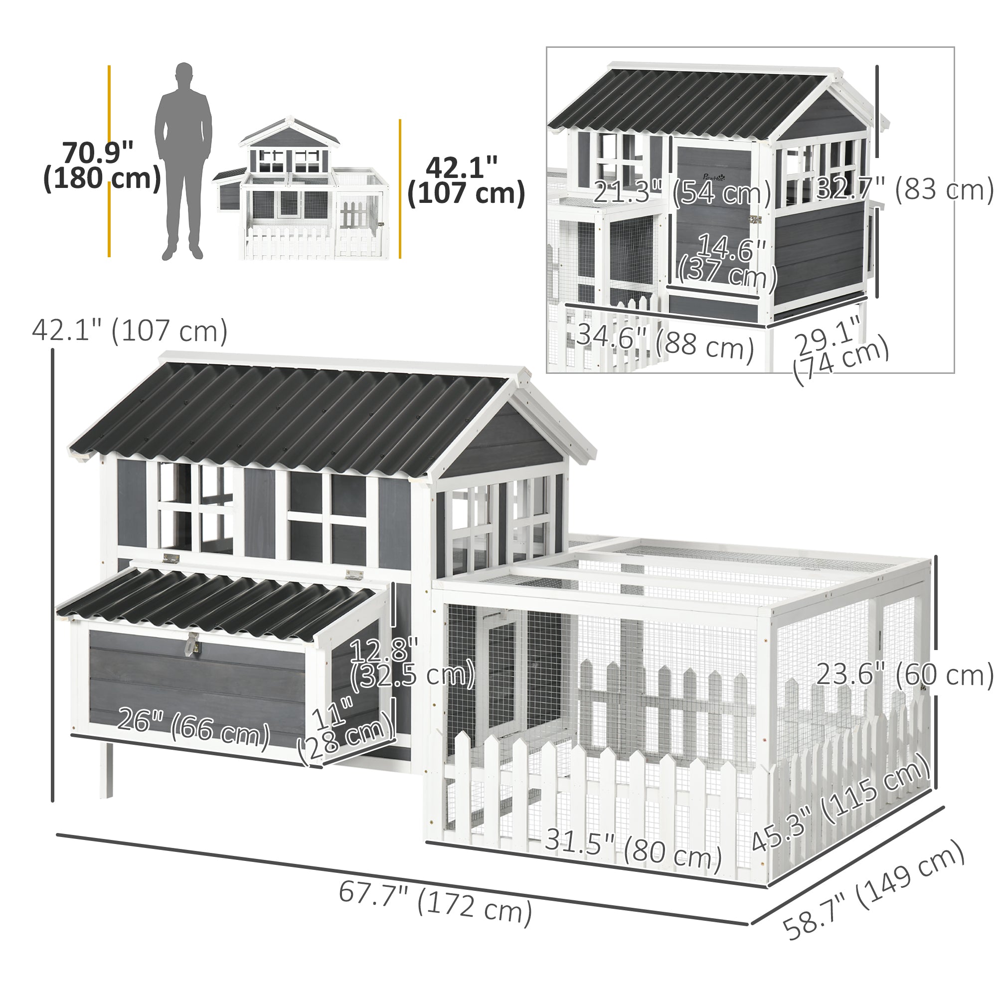 PawHut 68" Wooden Chicken Coop, Outdoor Rabbit Hutch with Run, Tray, Nesting Box, Removable Tray, Fence for 3-4 Chicken, Bunnies, Ducks, Charcoal Grey