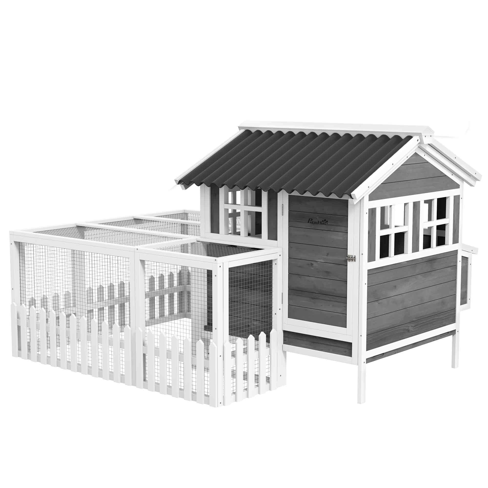 PawHut 68" Wooden Chicken Coop, Outdoor Rabbit Hutch with Run, Tray, Nesting Box, Removable Tray, Fence for 3-4 Chicken, Bunnies, Ducks, Charcoal Grey