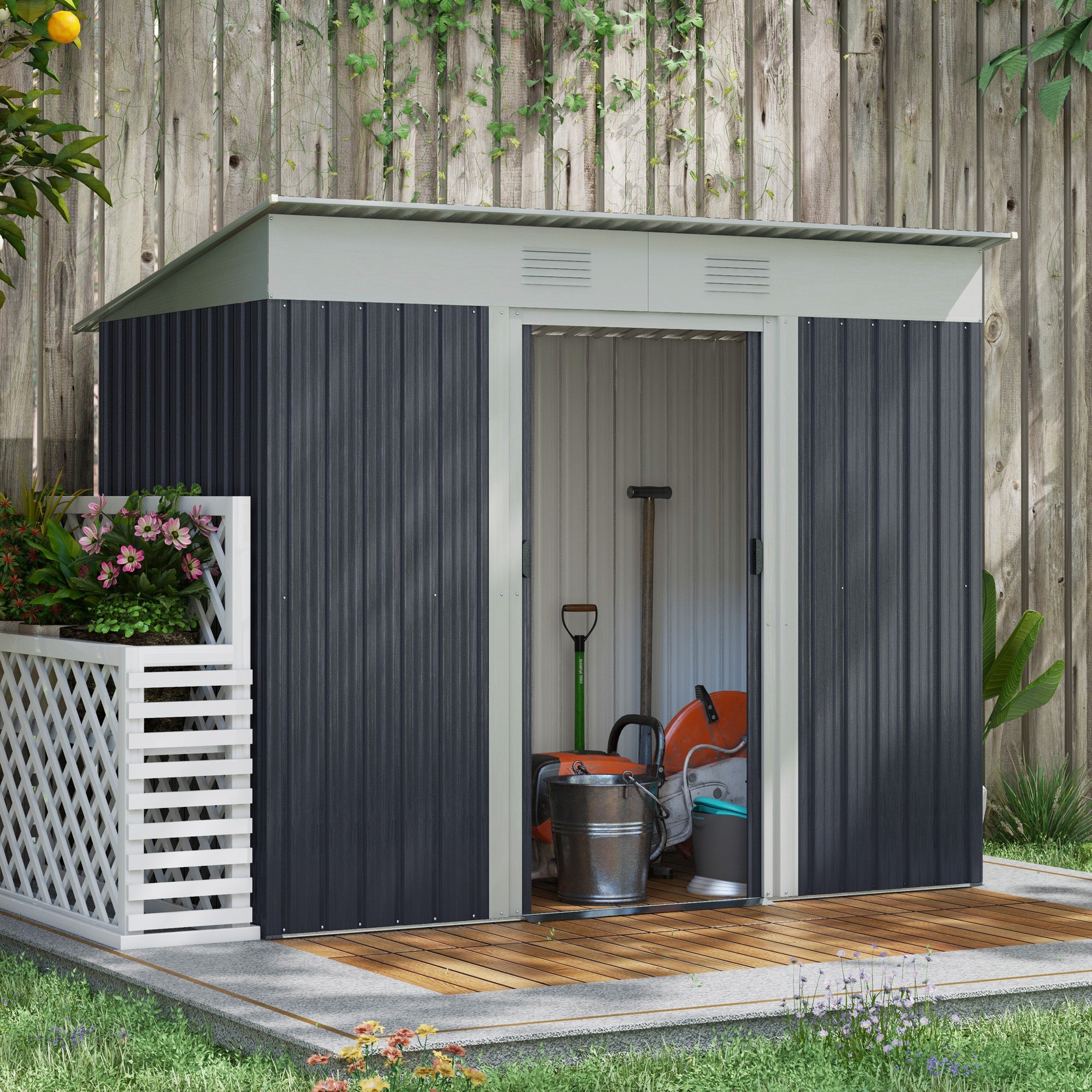 Outsunny 7' x 4' Outdoor Storage Shed, Metal Garden Tool Storage House Organizer with Lockable Sliding Doors and Vents for Backyard Patio Lawn, Charcoal Grey