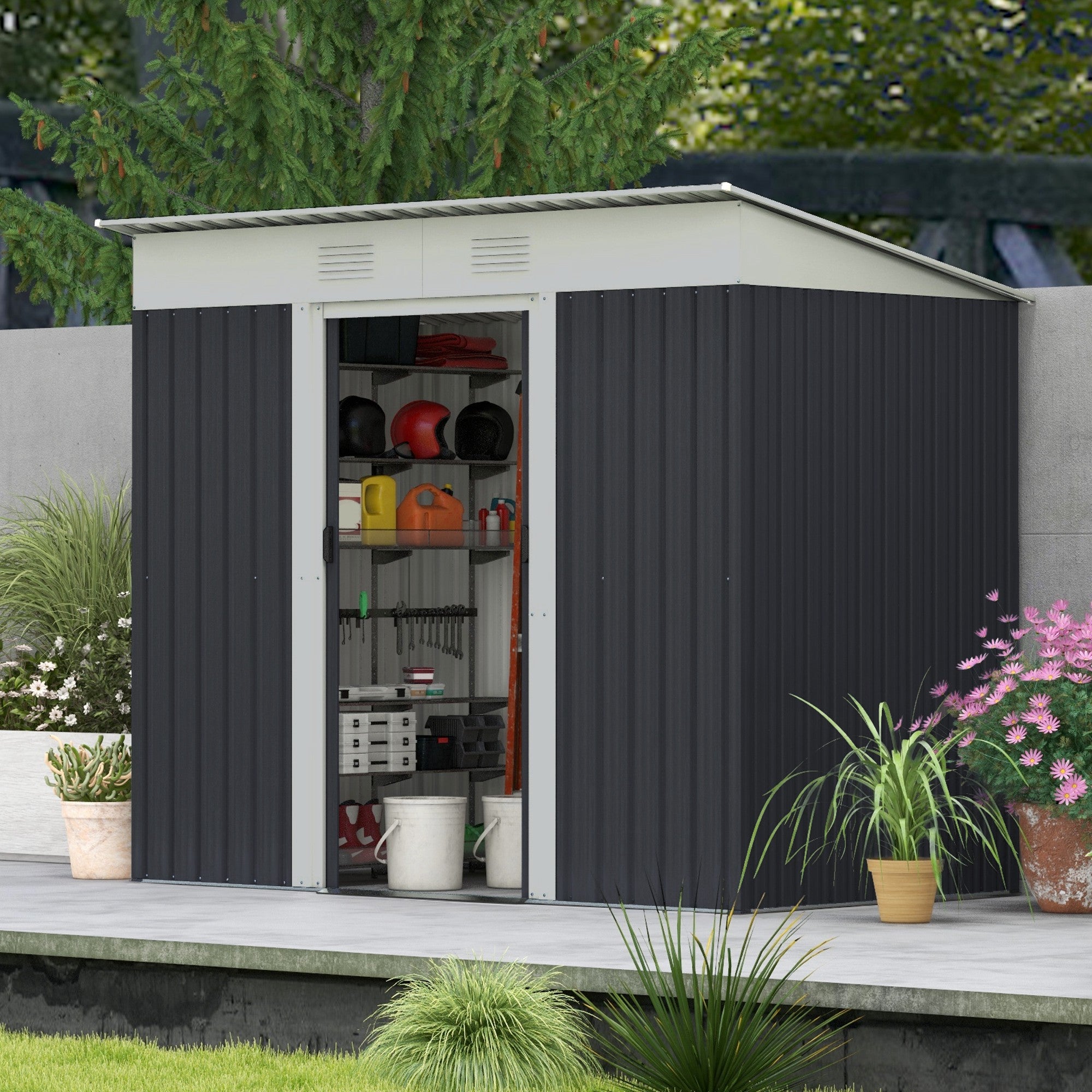 Outsunny 7' x 4' Outdoor Storage Shed, Metal Garden Tool Storage House Organizer with Lockable Sliding Doors and Vents for Backyard Patio Lawn, Charcoal Grey