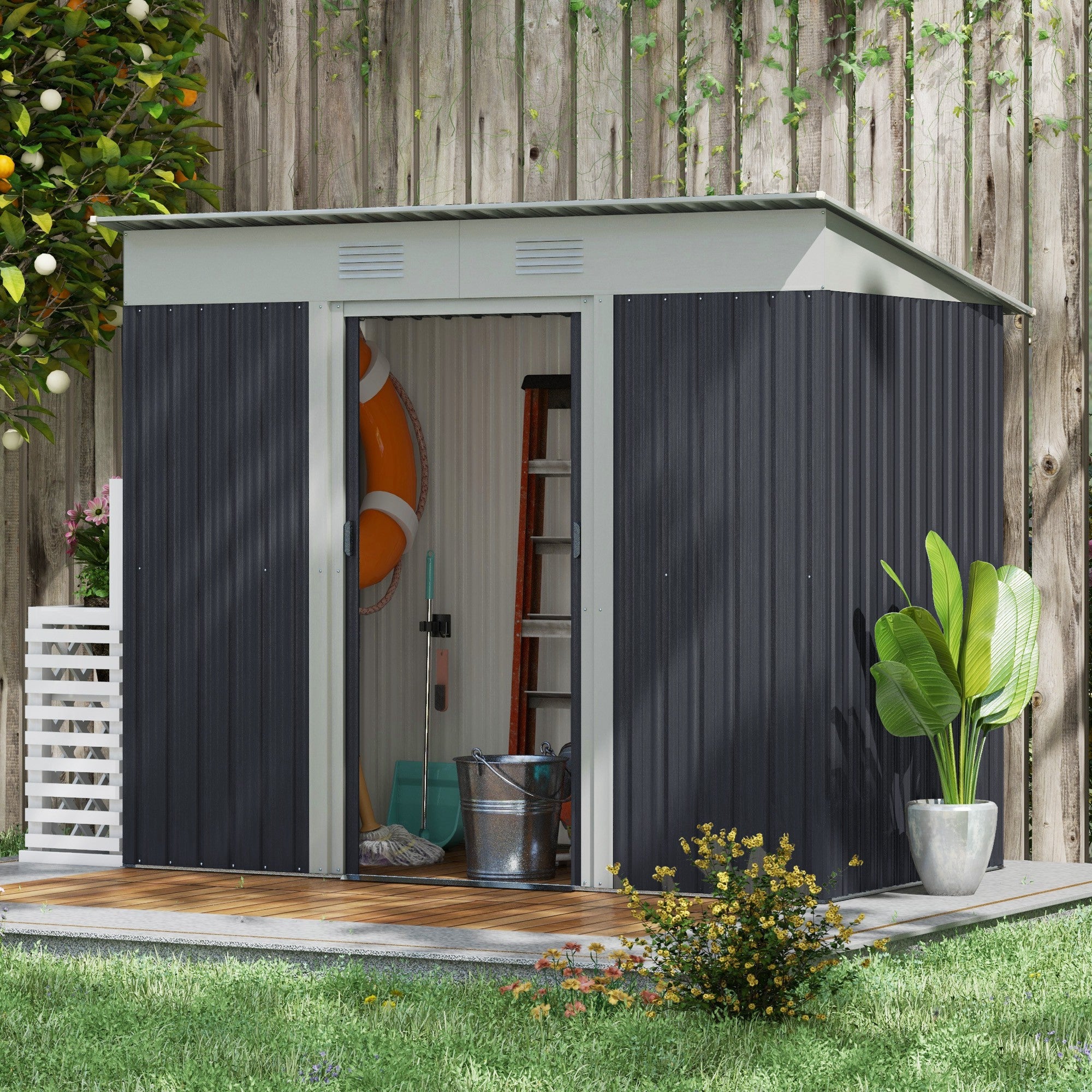 Outsunny 7' x 4' Outdoor Storage Shed, Metal Garden Tool Storage House Organizer with Lockable Sliding Doors and Vents for Backyard Patio Lawn, Charcoal Grey