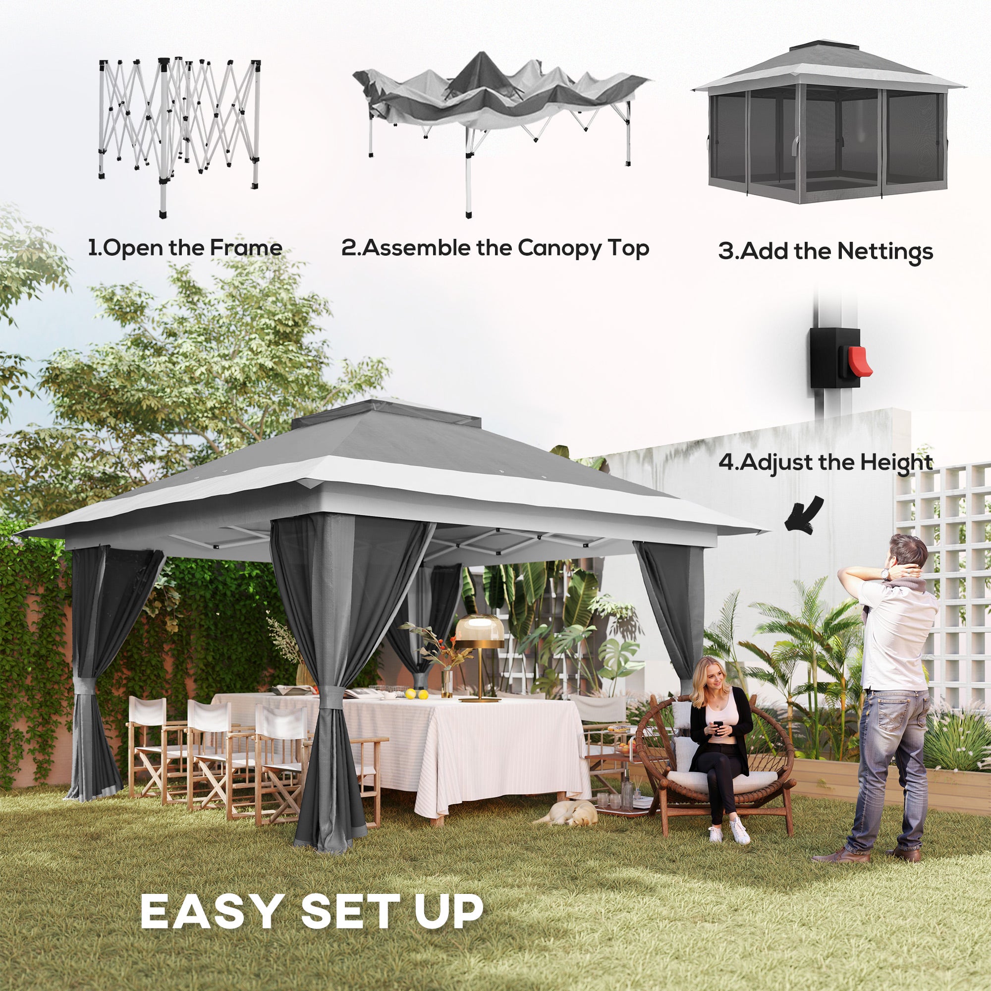 Outsunny 11.7' x 11.7' Pop Up Canopy Tent with Netting, UPF50+ Instant Party Tent Gazebo, Height Adjustable, with Wheeled Carry Bag and Sand Bags for Outdoor, Garden, Patio
