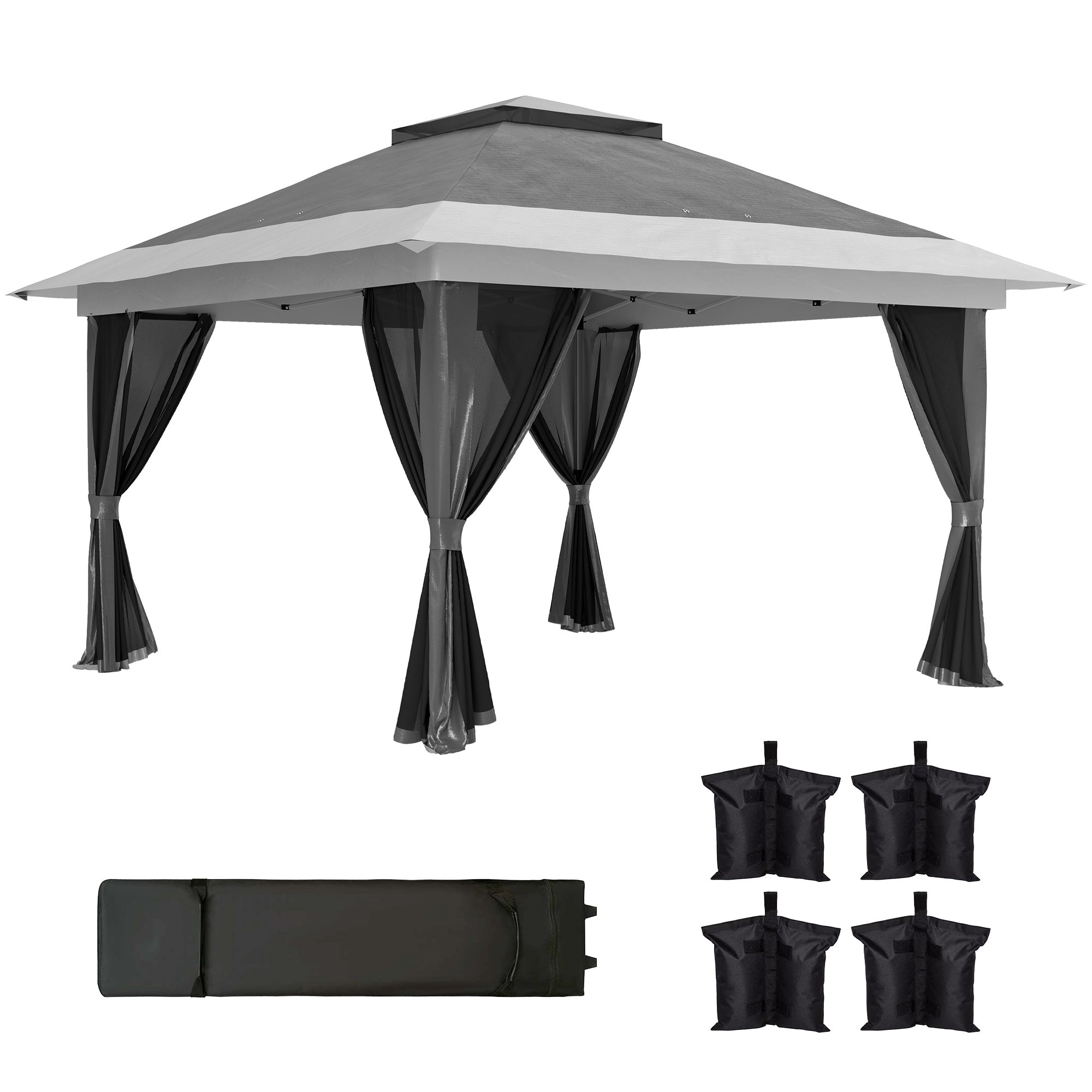 Outsunny 11.7' x 11.7' Pop Up Canopy Tent with Netting, UPF50+ Instant Party Tent Gazebo, Height Adjustable, with Wheeled Carry Bag and Sand Bags for Outdoor, Garden, Patio