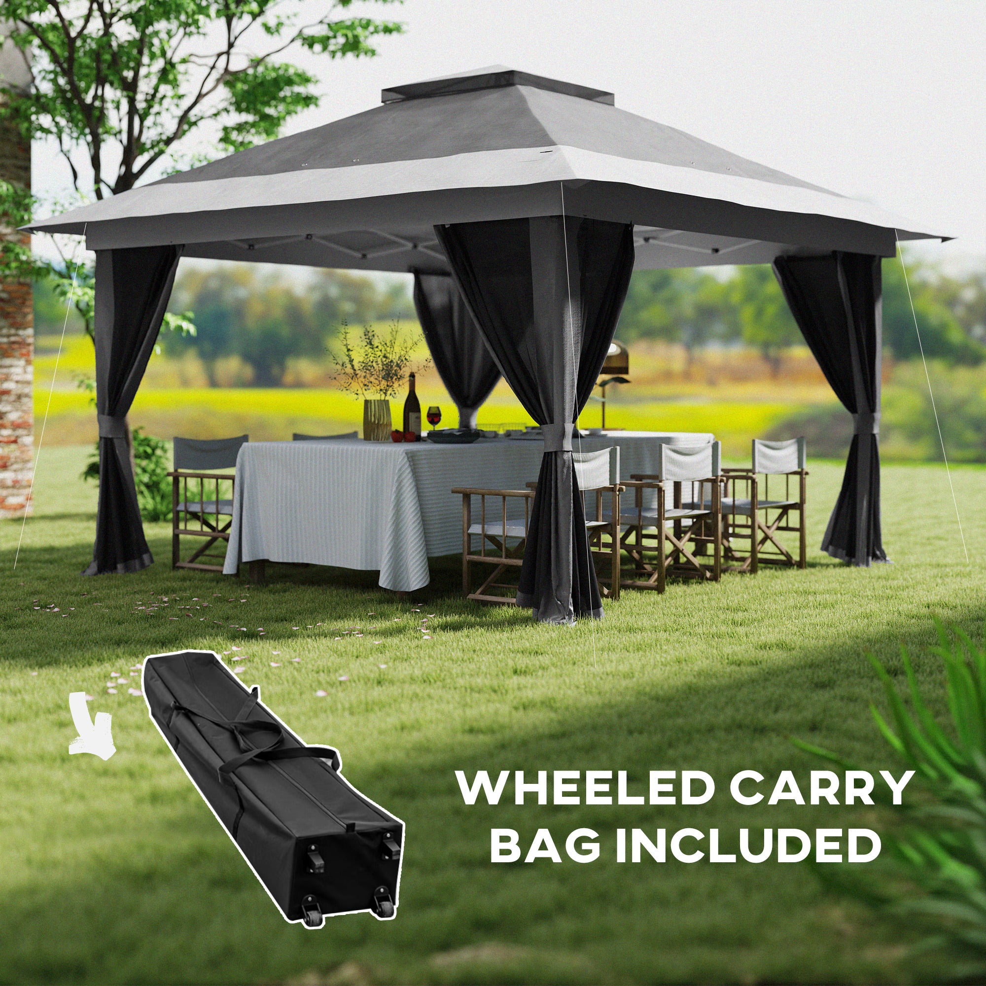 Outsunny 11.7' x 11.7' Pop Up Canopy Tent with Netting, UPF50+ Instant Party Tent Gazebo, Height Adjustable, with Wheeled Carry Bag and Sand Bags for Outdoor, Garden, Patio