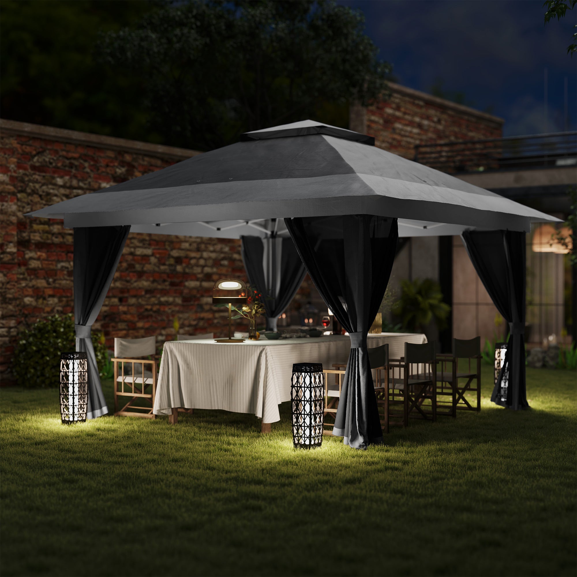 Outsunny 11.7' x 11.7' Pop Up Canopy Tent with Netting, UPF50+ Instant Party Tent Gazebo, Height Adjustable, with Wheeled Carry Bag and Sand Bags for Outdoor, Garden, Patio